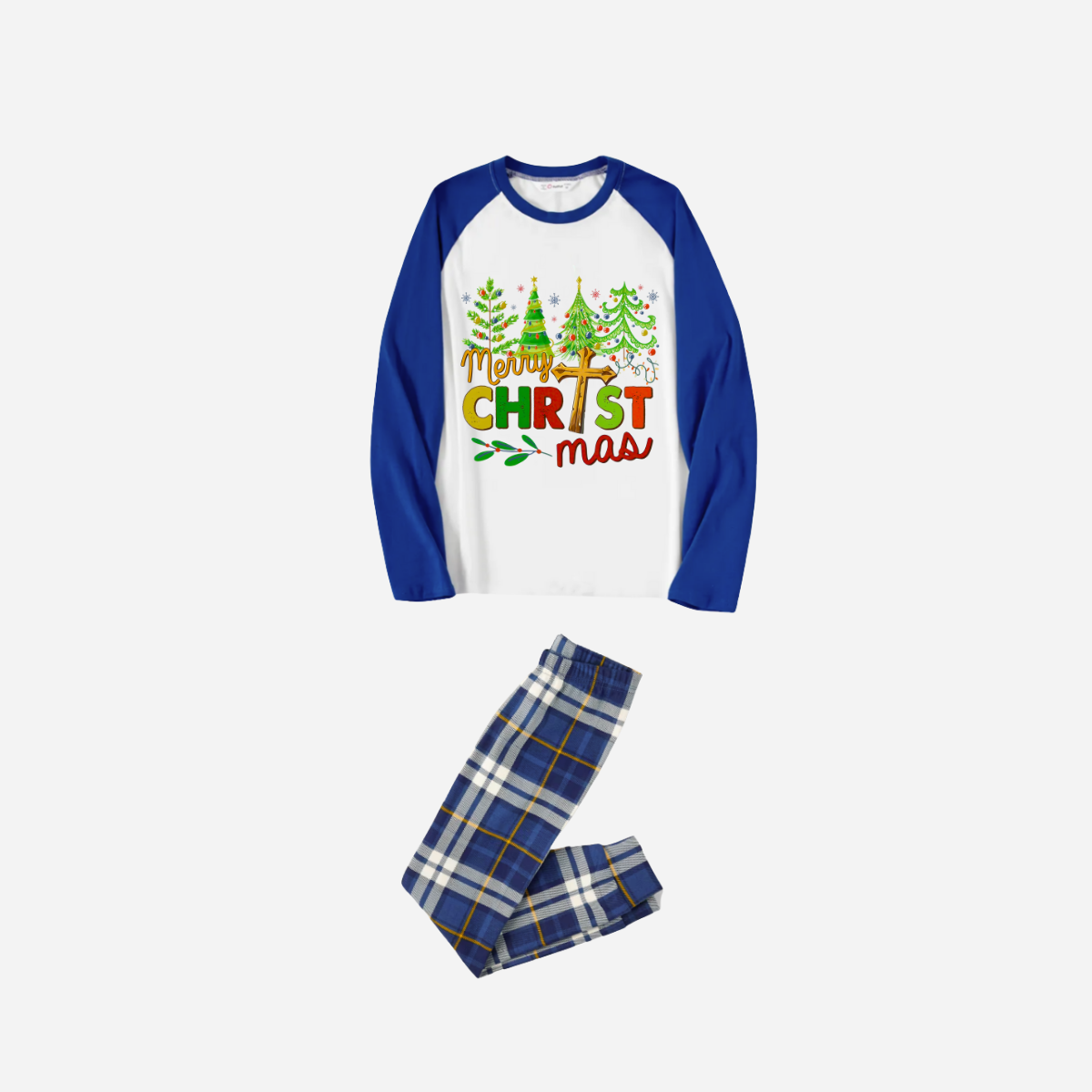 Merry Christmas Tree Family Pajamas Set - White Top Blue Sleeves Blue Plaid Pants Multicolor Text Graphic