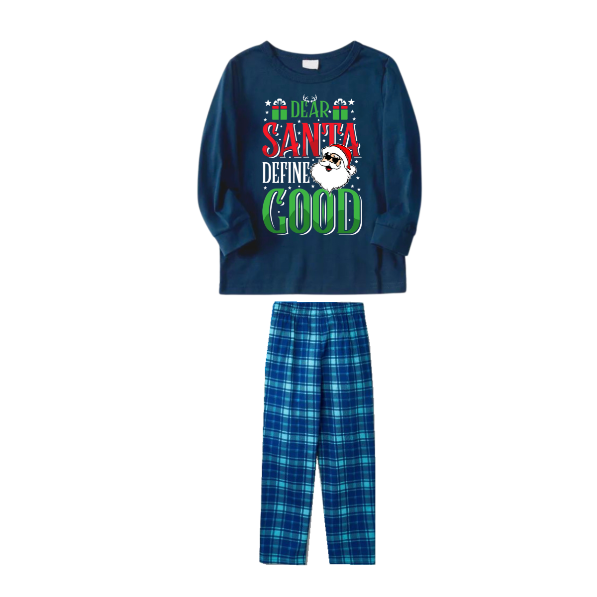 "Dear Santa Define Good" Slogan Printed Blue Plaid Family Matching Pajamas