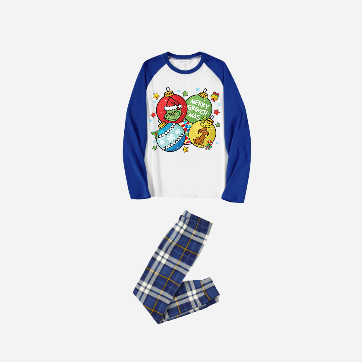 Blue Raglan Top Blue Plaid Christmas Pajamas Set With Ball Ornaments and Grinch Print