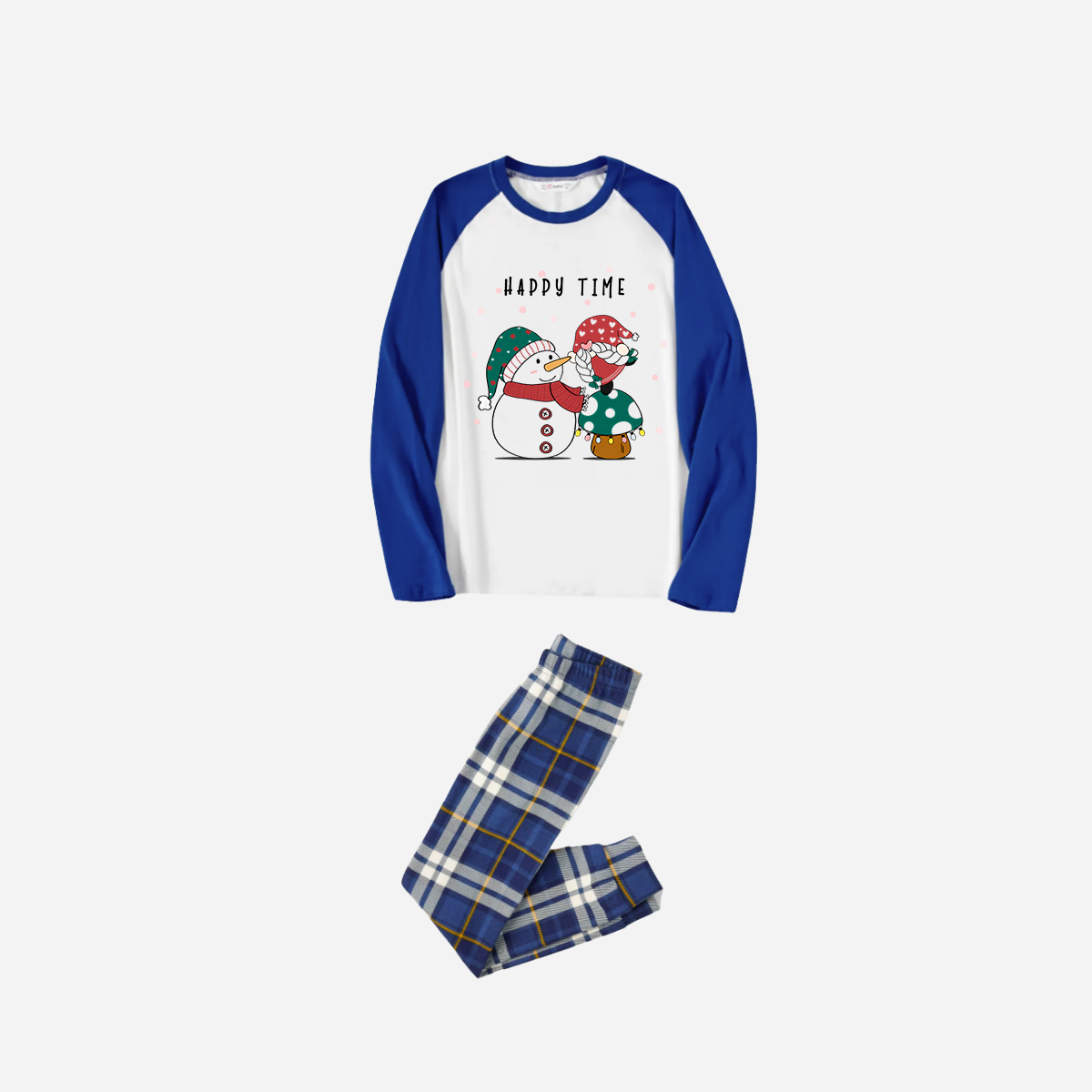 Blue Raglan Top Blue Plaid Christmas Pajamas Set With Snowman and Gnome and "Happy Time" Text Print