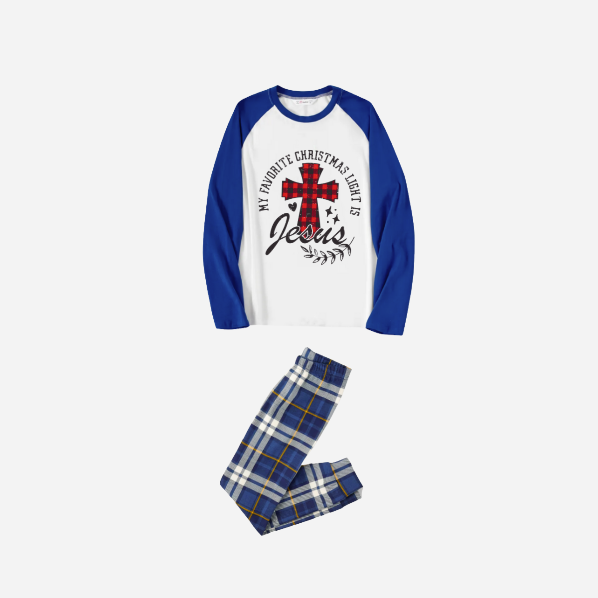 My Favorite Christmas Light Is Jesus Family Christmas Pajamas Set - White Top with Blue Sleeves and Blue Plaid Pants