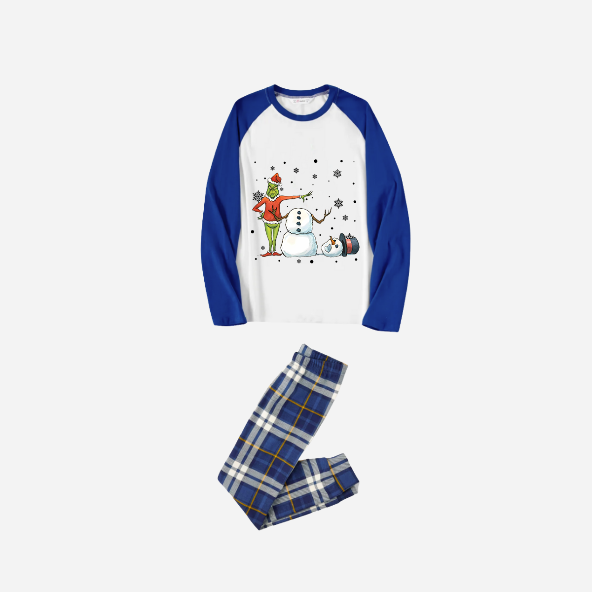 Blue Raglan Top Blue Plaid Christmas Pajamas Set With Snowman and Christmas Grinch Print