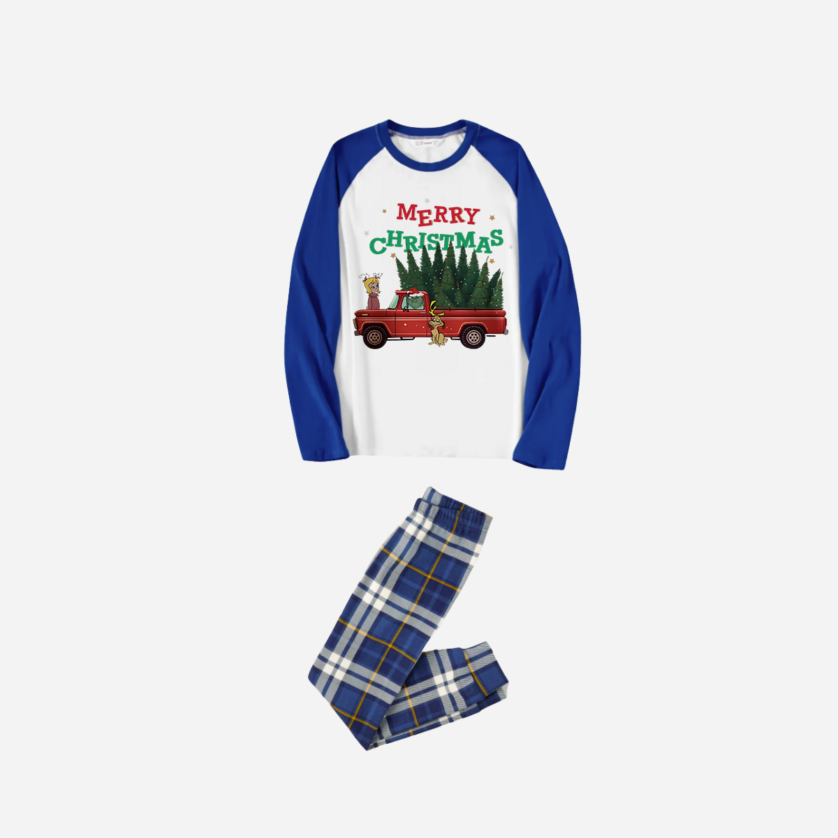 Blue Raglan Top Blue Plaid Christmas Pajamas Set With "Merry Christmas" and Christmas Tree Print