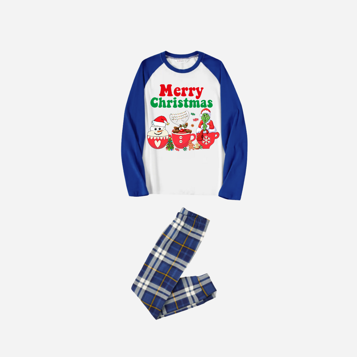 Blue Raglan Top Blue Plaid Christmas Pajamas Set With "Merry Christmas" and Cartoon Pattern Print
