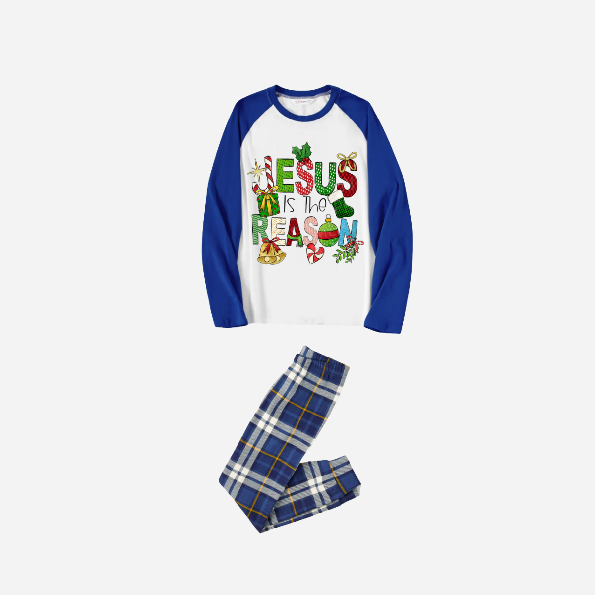 Christmas Cartoon Family Christmas Pajamas Set - White Top with Blue Sleeves and Blue Plaid Pants and “Jesus is the Reason” Design