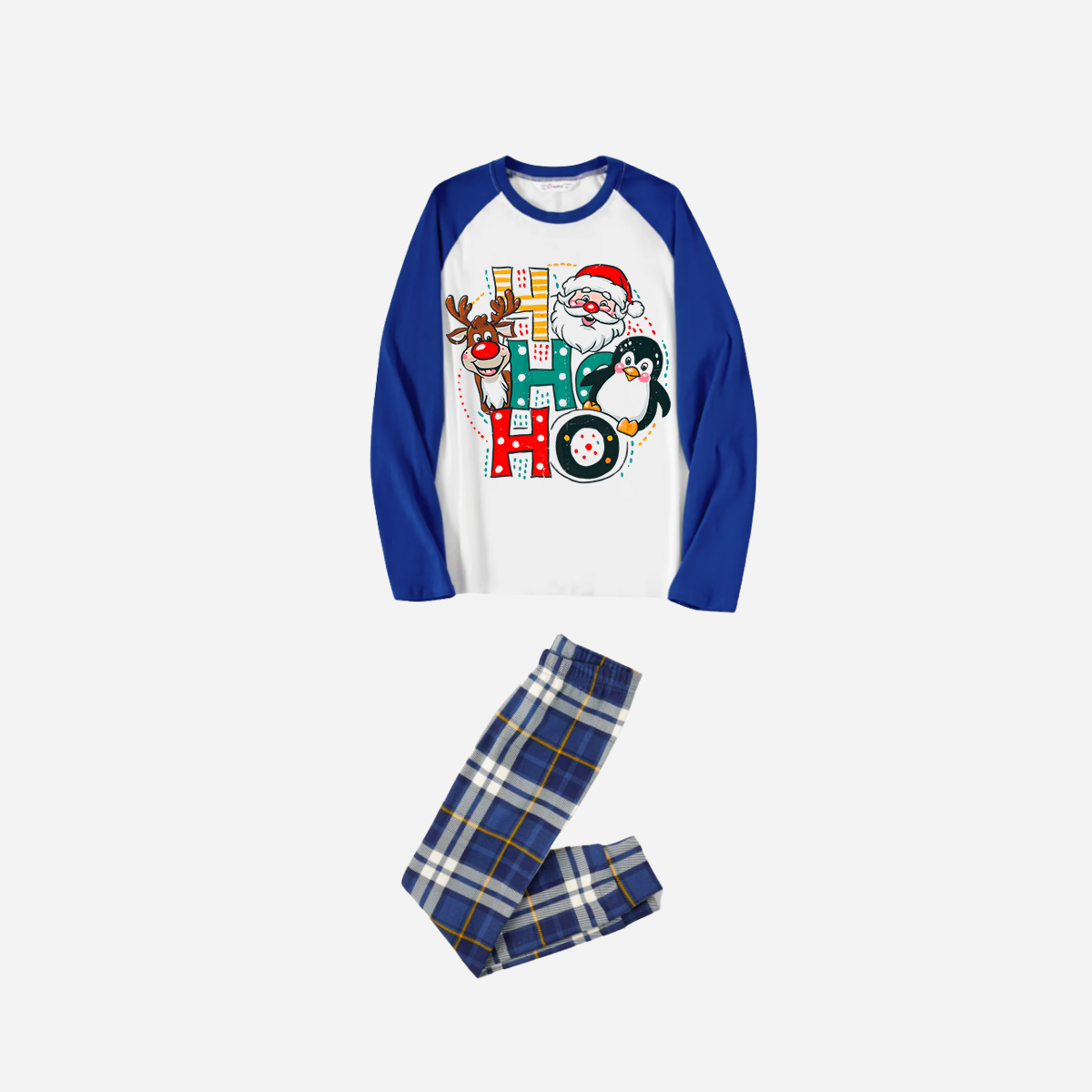 Blue Raglan Top Blue Plaid Christmas Pajamas Set With "HO HO HO" Pattern Print