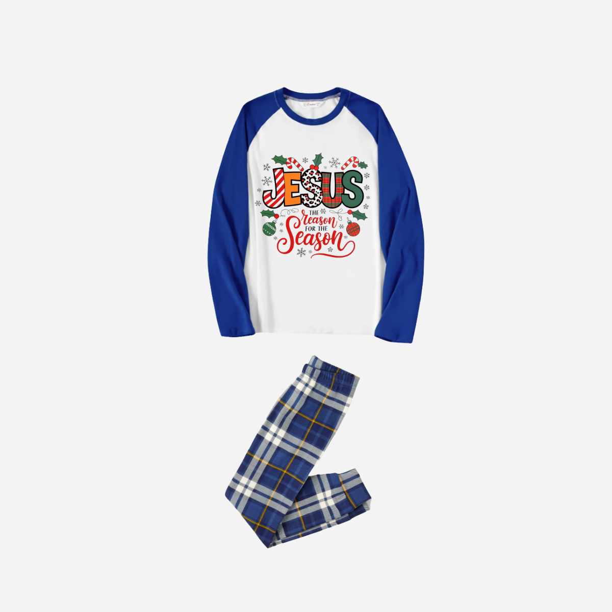 "Jesus is the REASON for the Season" Matching Christmas Pajamas Set - Raglan Sleeves Blue Plaid Pajamas