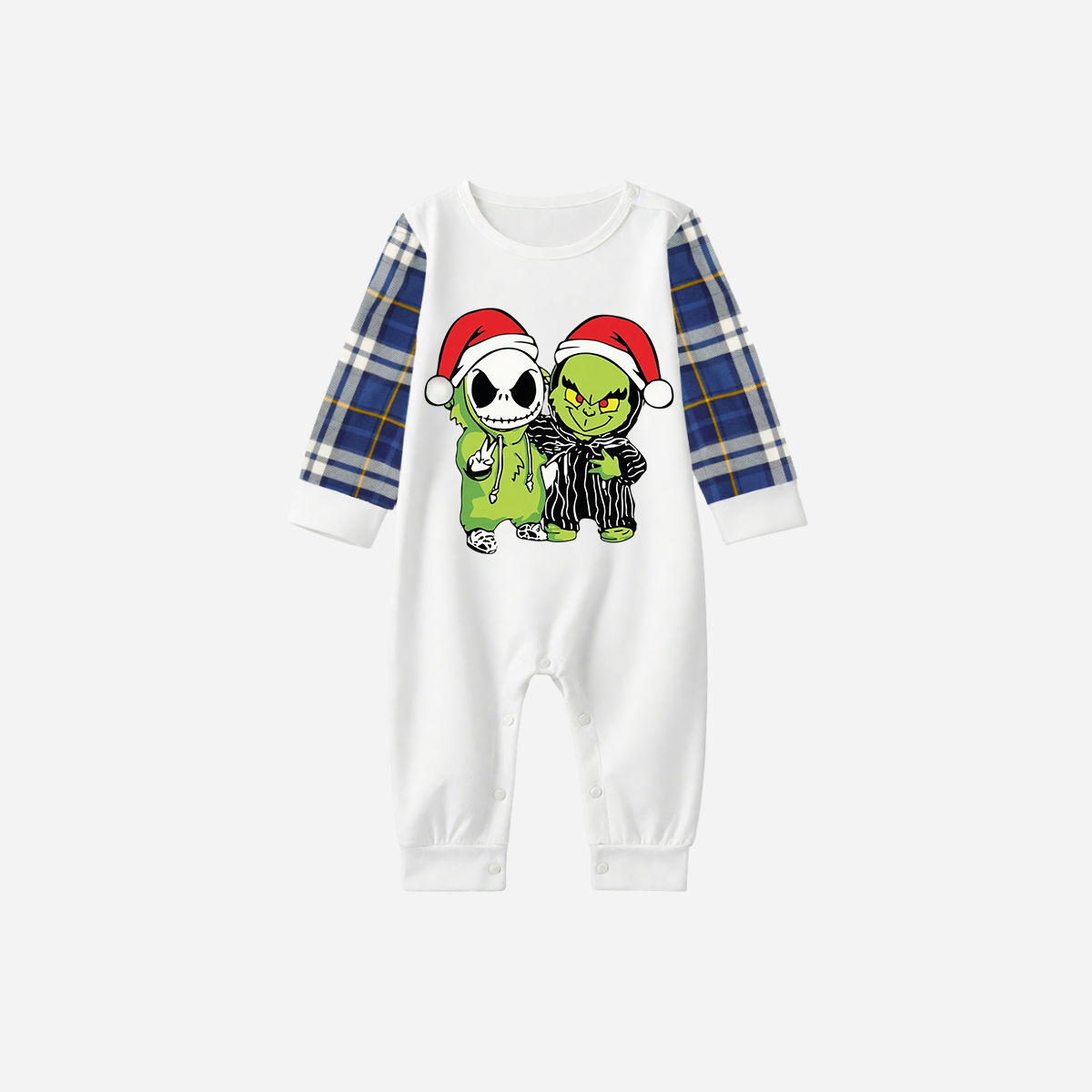 Blue Raglan Top Blue Plaid Christmas Pajamas Set With Grinch and Cartoon Pattern Print