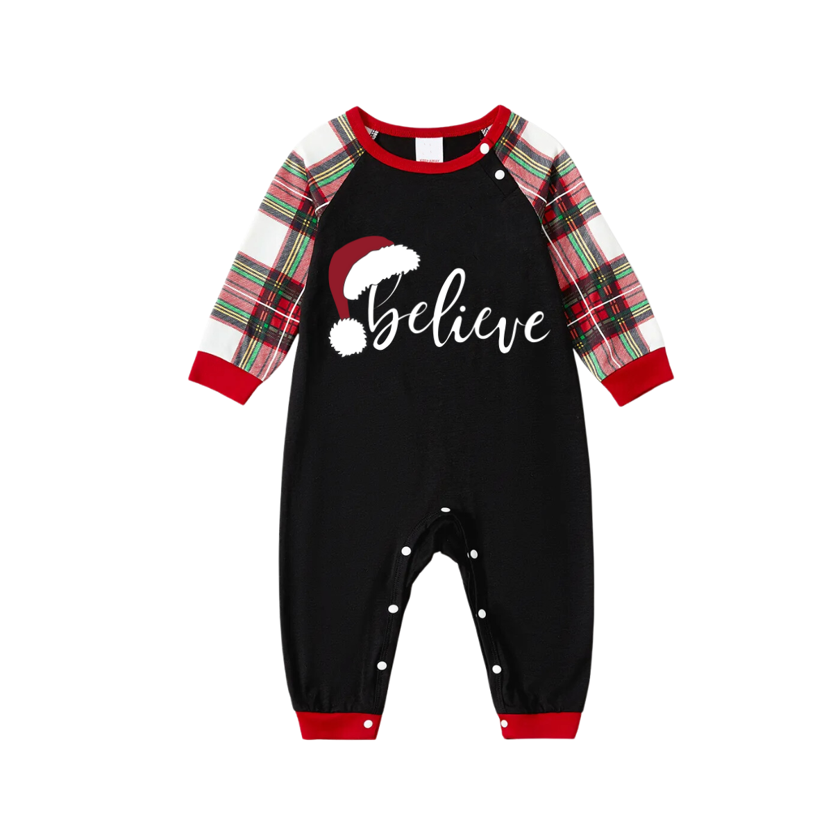 Christmas "Believe" Text Print Black Long Sleeve Top with Red & White & Green Plaid Family Matching Pajamas