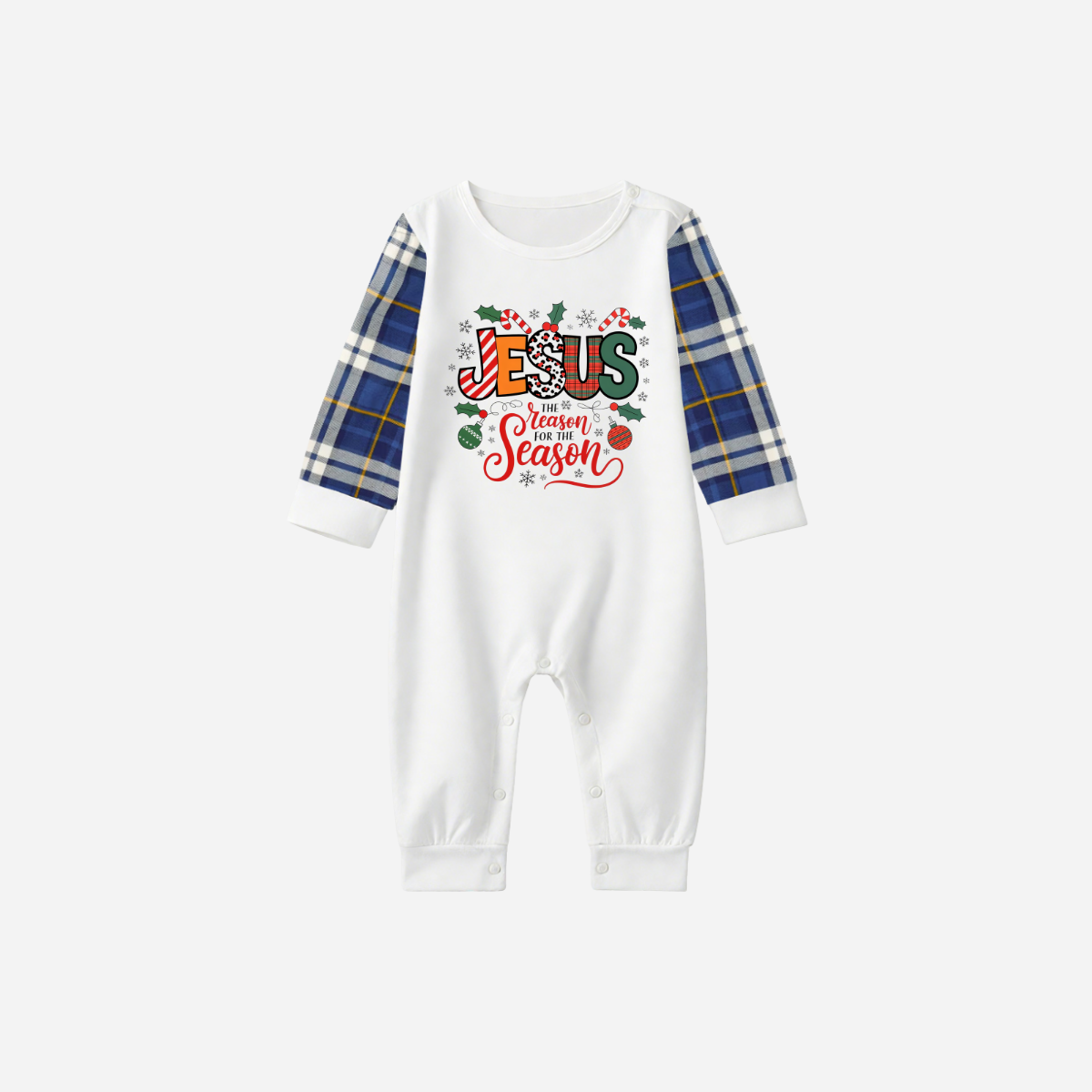 "Jesus is the REASON for the Season" Matching Christmas Pajamas Set - Raglan Sleeves Blue Plaid Pajamas