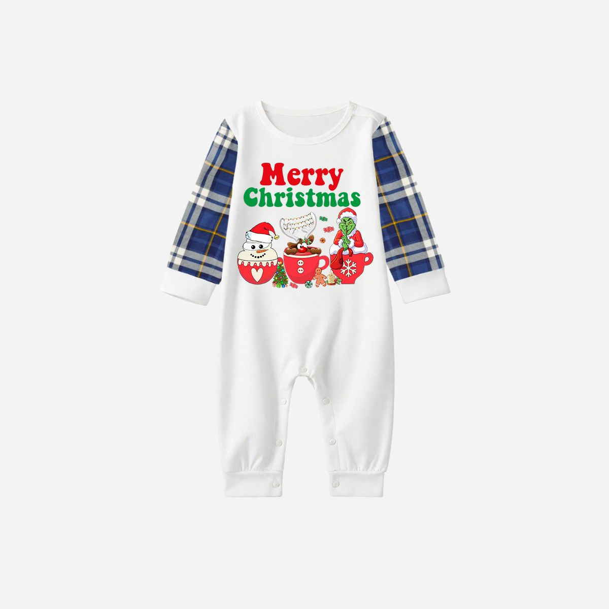 Blue Raglan Top Blue Plaid Christmas Pajamas Set With "Merry Christmas" and Cartoon Pattern Print