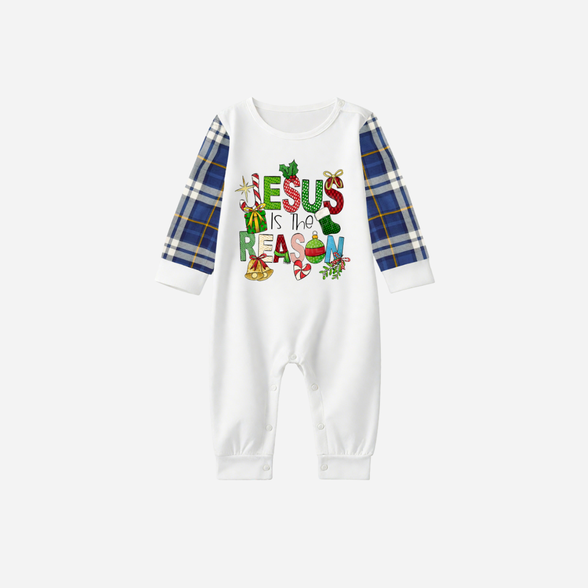 Christmas Cartoon Family Christmas Pajamas Set - White Top with Blue Sleeves and Blue Plaid Pants and “Jesus is the Reason” Design