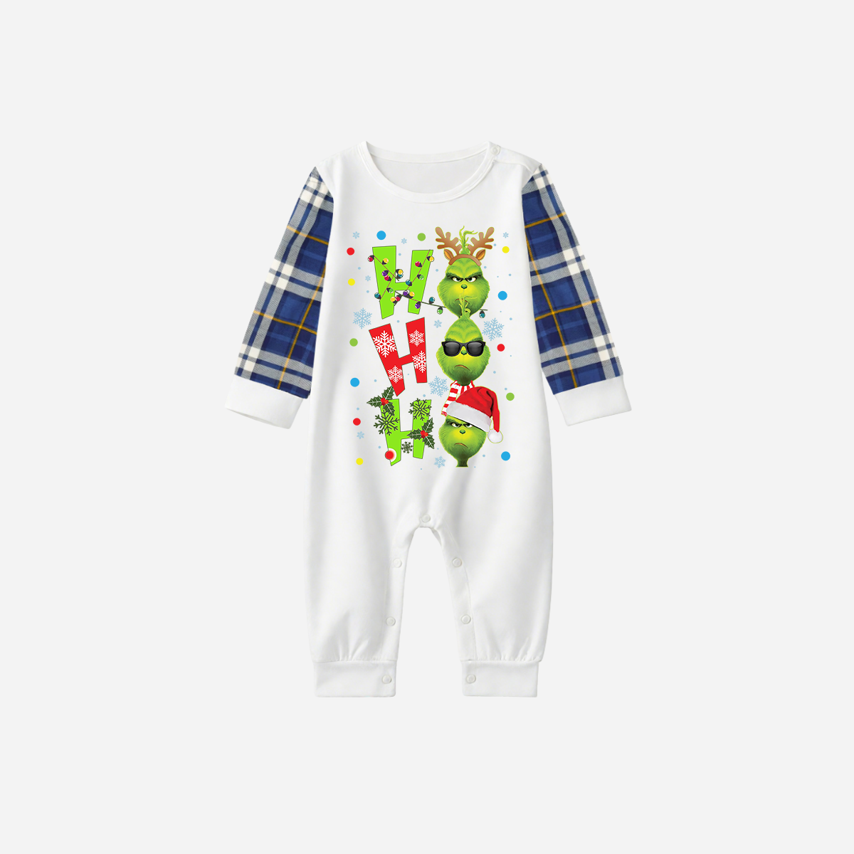 Blue Raglan Top Blue Plaid Christmas Pajamas Set With "ho ho ho" and Christmas Grinch Print