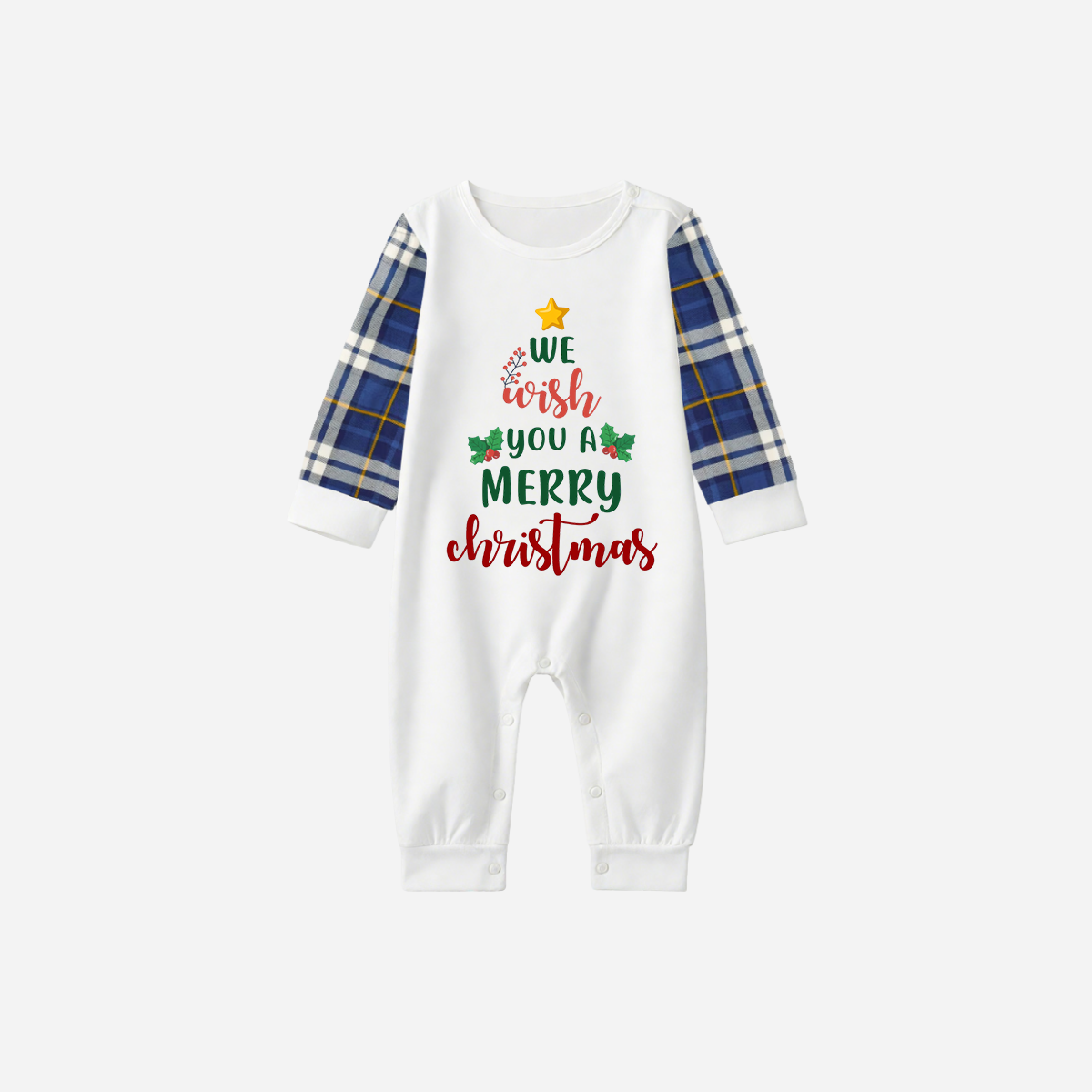 Blue Raglan Top Blue Plaid Christmas Pajamas Set With "We Wish You a Merry Christmas" Text Print