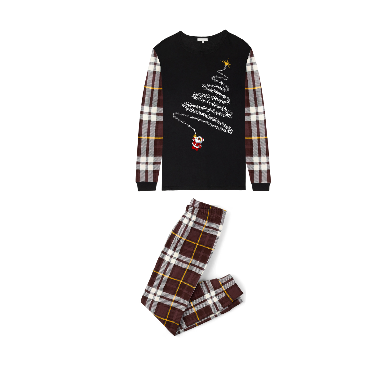 Santa's Christmas Tree Pajama Set with Plaid Sleeves
