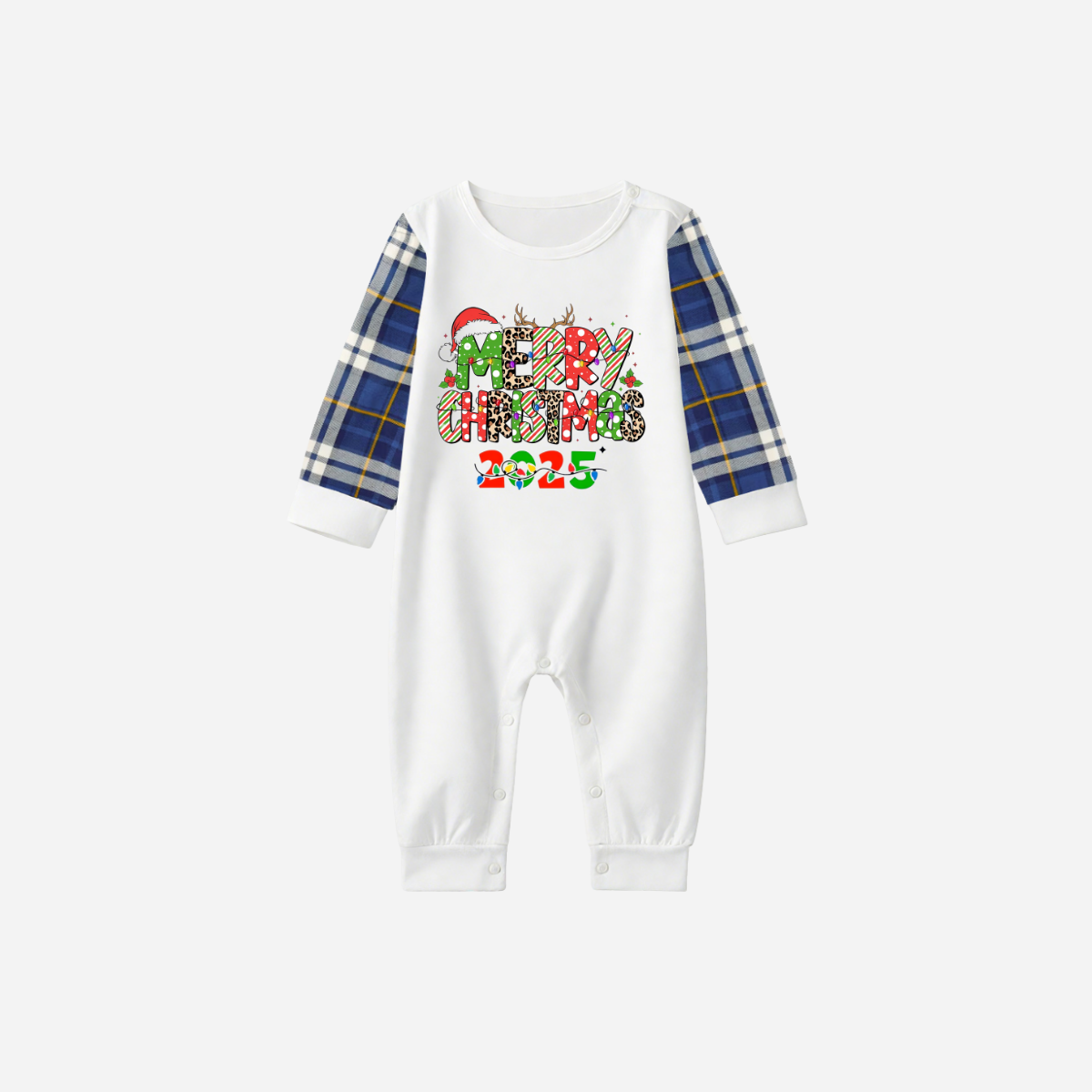 Merry Christmas 2025 Family Christmas Pajamas Set - White Top with Blue Sleeves and Blue Plaid Pants
