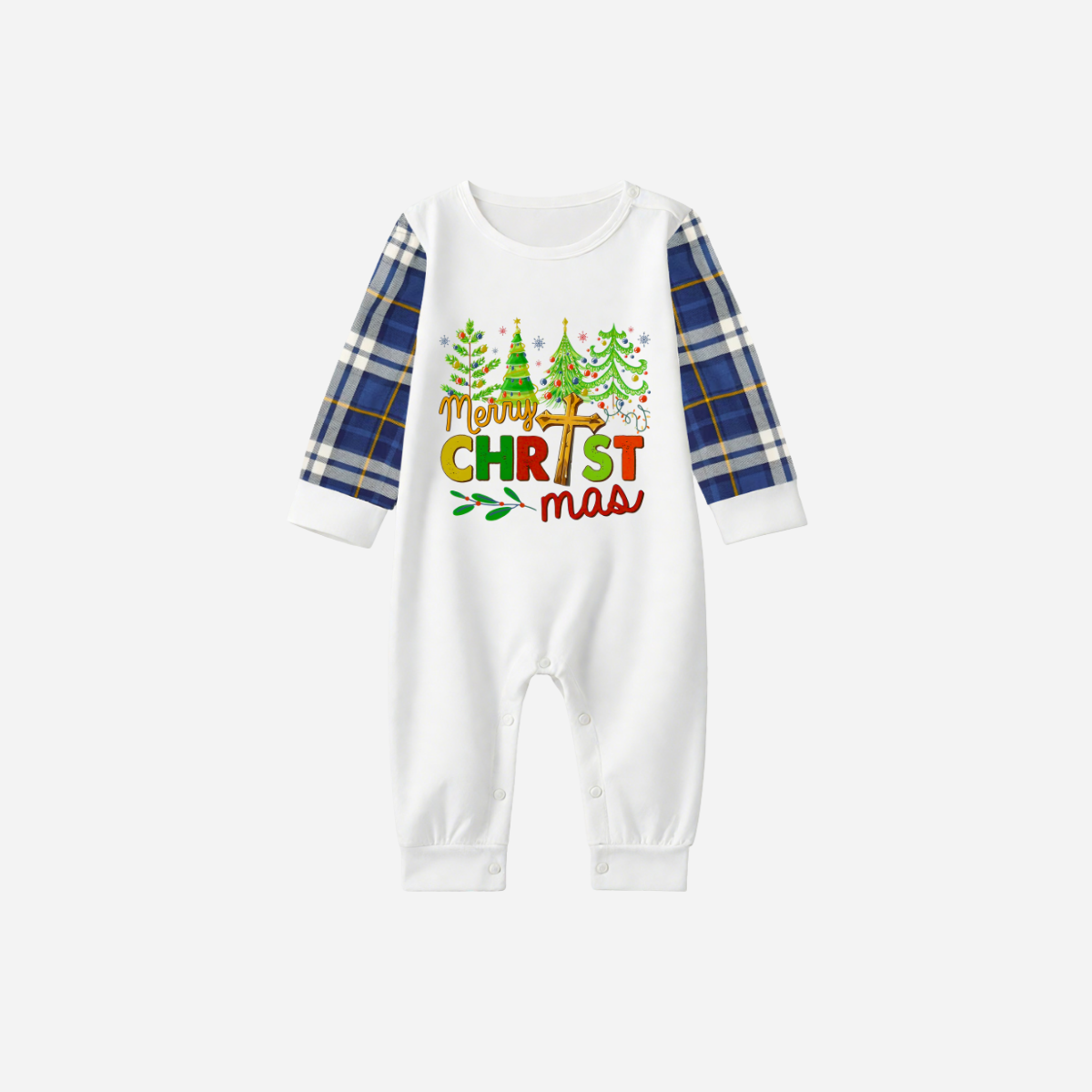 Merry Christmas Tree Family Pajamas Set - White Top Blue Sleeves Blue Plaid Pants Multicolor Text Graphic