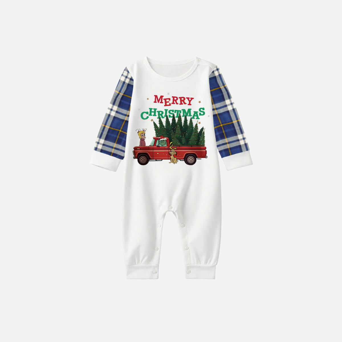 Blue Raglan Top Blue Plaid Christmas Pajamas Set With "Merry Christmas" and Christmas Tree Print
