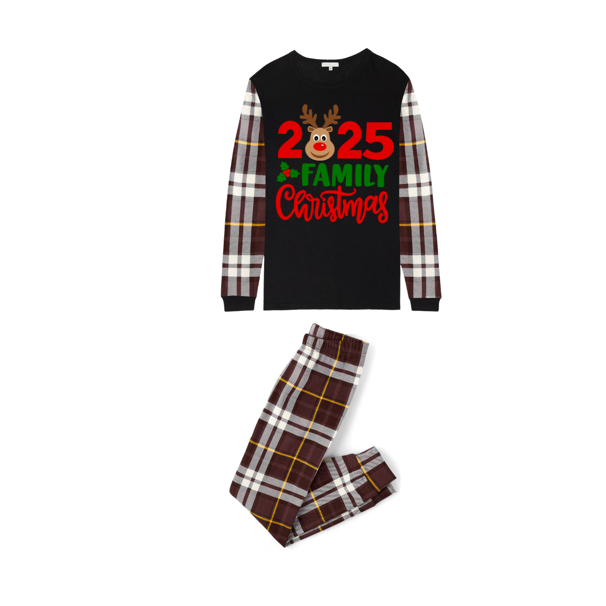 2025 Reindeer Family Christmas Family Pajamas Set - Black Top / Brown Plaid Pants / Brown Plaid Sleeves