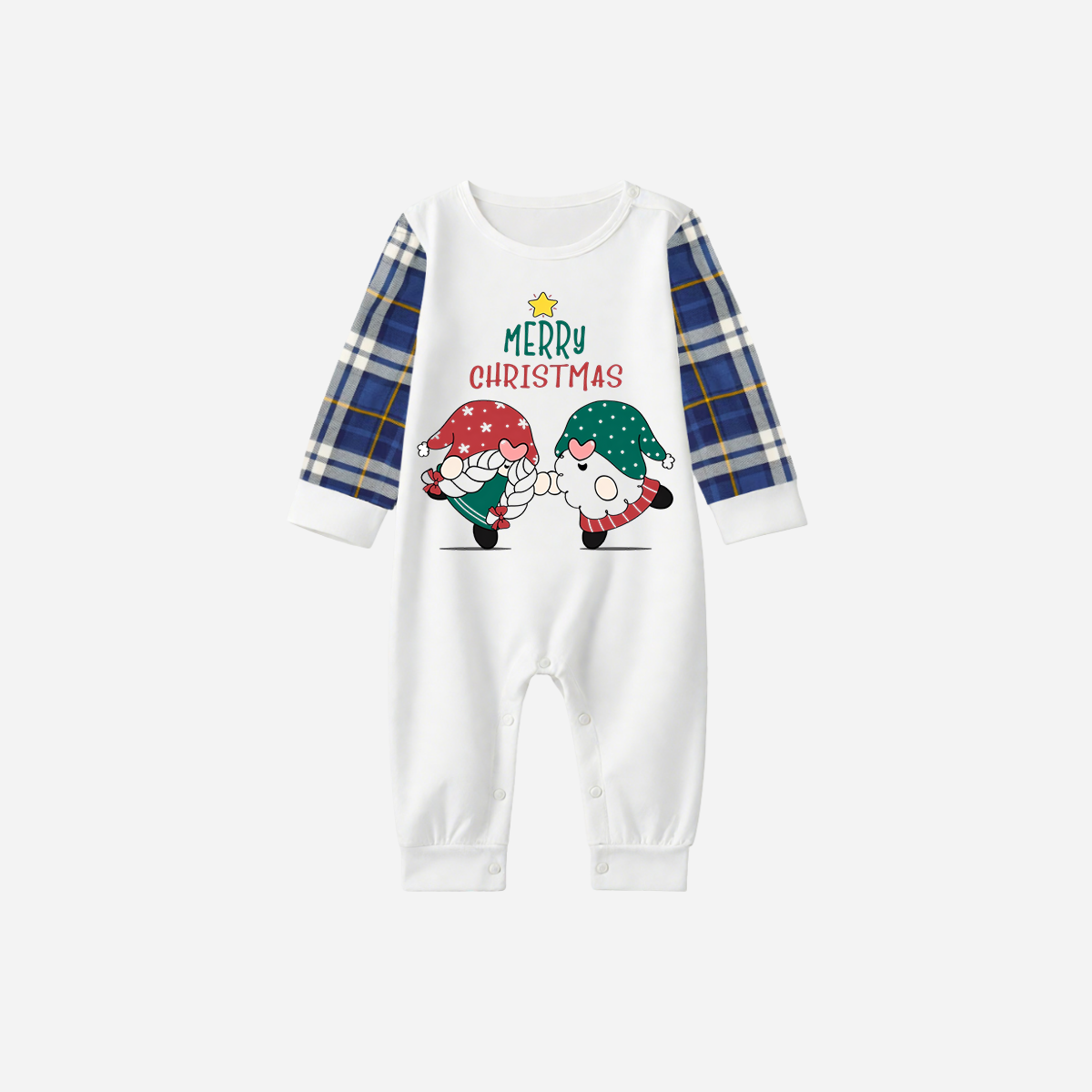 Blue Raglan Top Blue Plaid Christmas Pajamas Set With Gnome and Merry Christmas Text Print