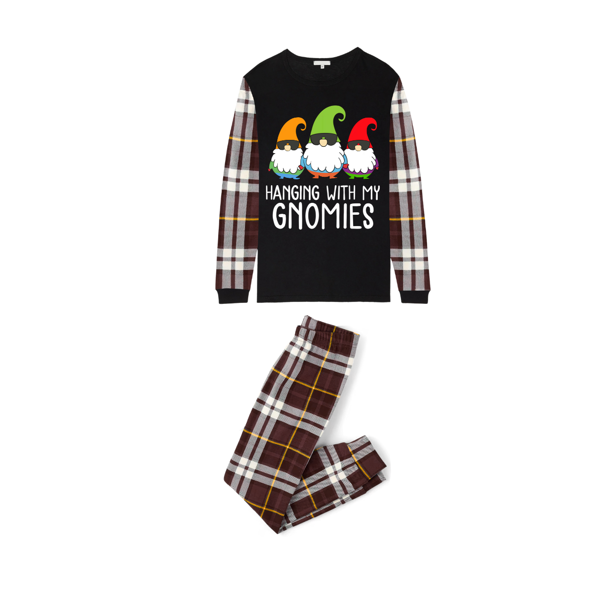 Hanging With My Gnomies Christmas 2025 Family Pajamas Set - Black Top, Brown Pants, Brown Plaid Sleeves