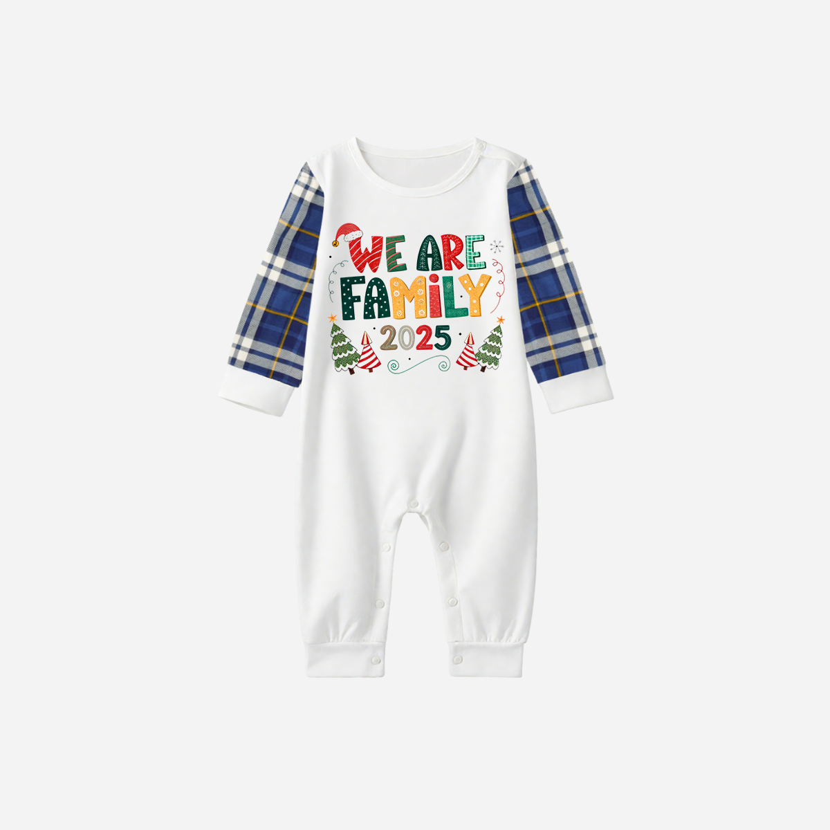 Blue Raglan Top Blue Plaid Christmas Pajamas Set With "We are Family" Colorful Text Print