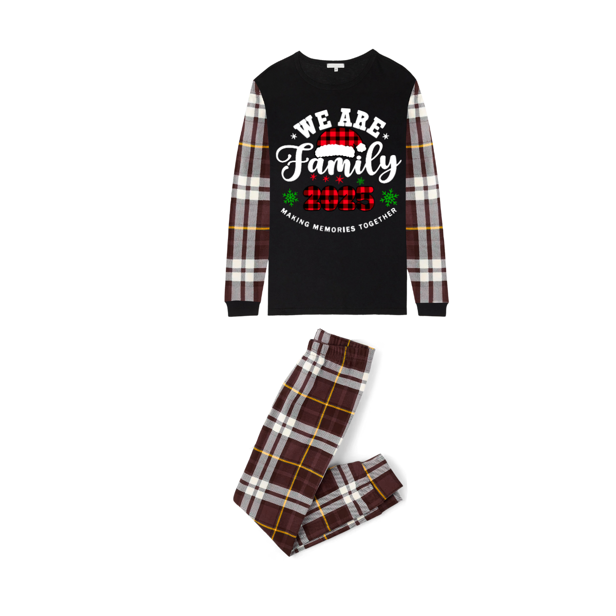 2025 We Are Family Christmas Family Pajamas Set - Black Top / Brown Plaid Pants / Brown Plaid Sleeves