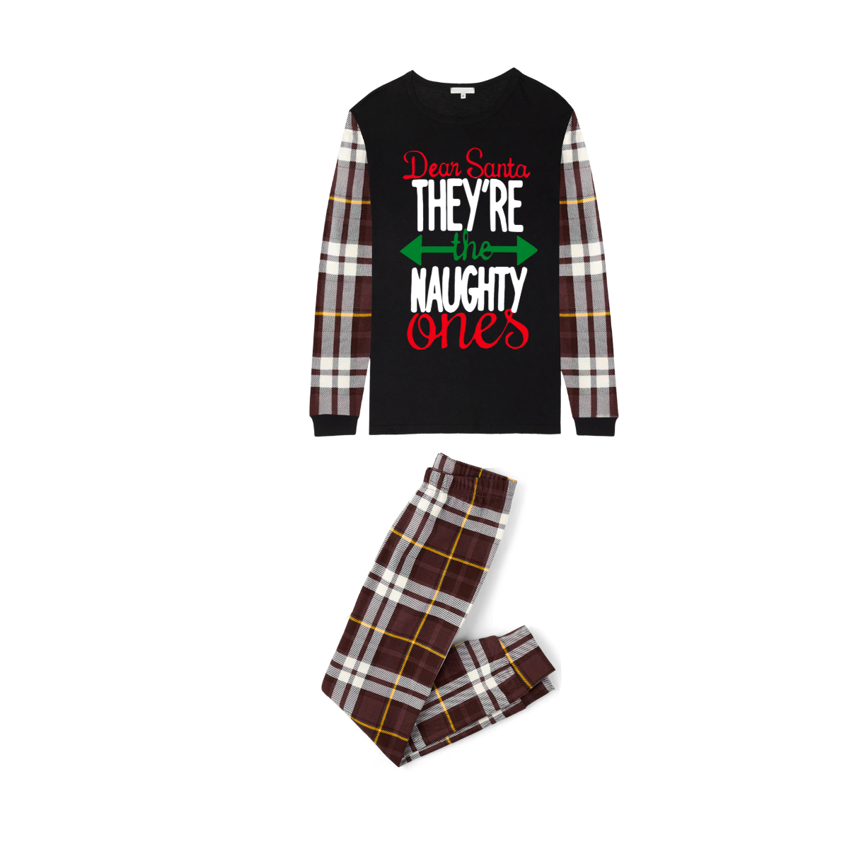 Brown Plaid Raglan Sleeve Black Top with Dear Santa They Are the Naughty Ones Printed Plaid Pants Family Matching Christmas Pajamas Sets