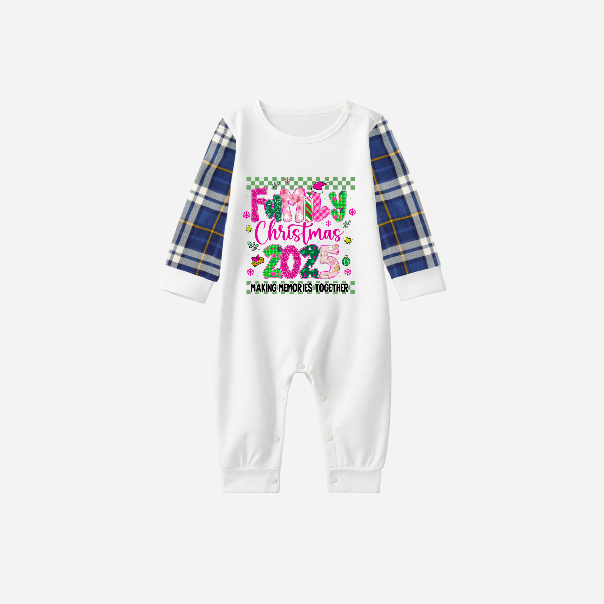 "Family Christmas 2025" Faux Glitter Blue Raglan Sleeves and Blue Plaid Christmas Pajamas Set