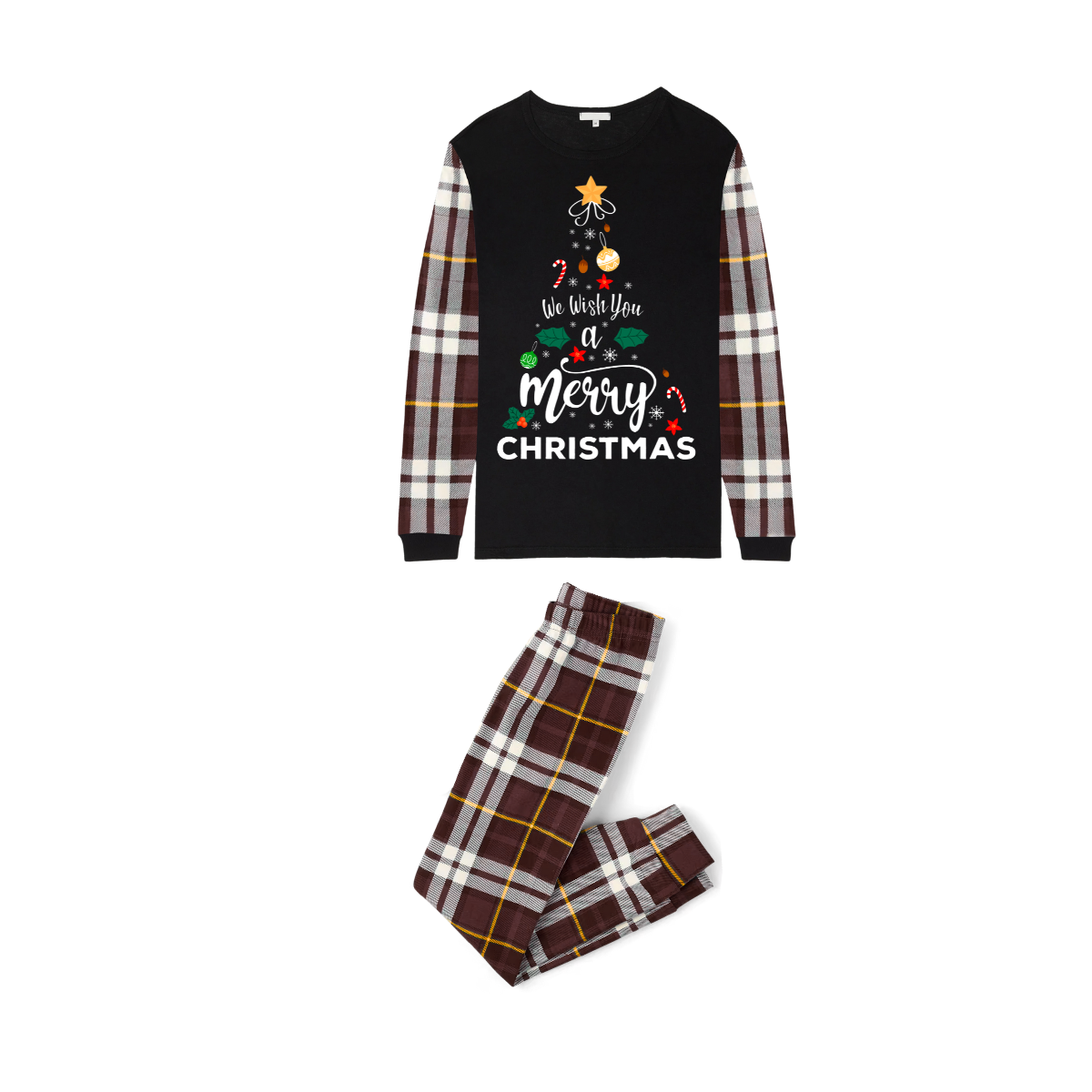 We Wish You a Merry Christmas Family Pajamas Set - Black Top / Brown Plaid Pants / Brown Plaid Sleeves