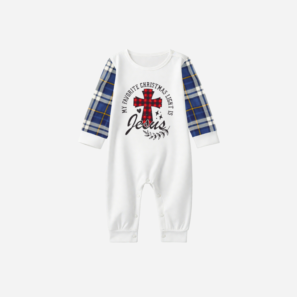 My Favorite Christmas Light Is Jesus Family Christmas Pajamas Set - White Top with Blue Sleeves and Blue Plaid Pants