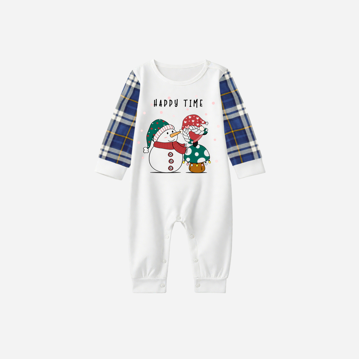 Blue Raglan Top Blue Plaid Christmas Pajamas Set With Snowman and Gnome and "Happy Time" Text Print