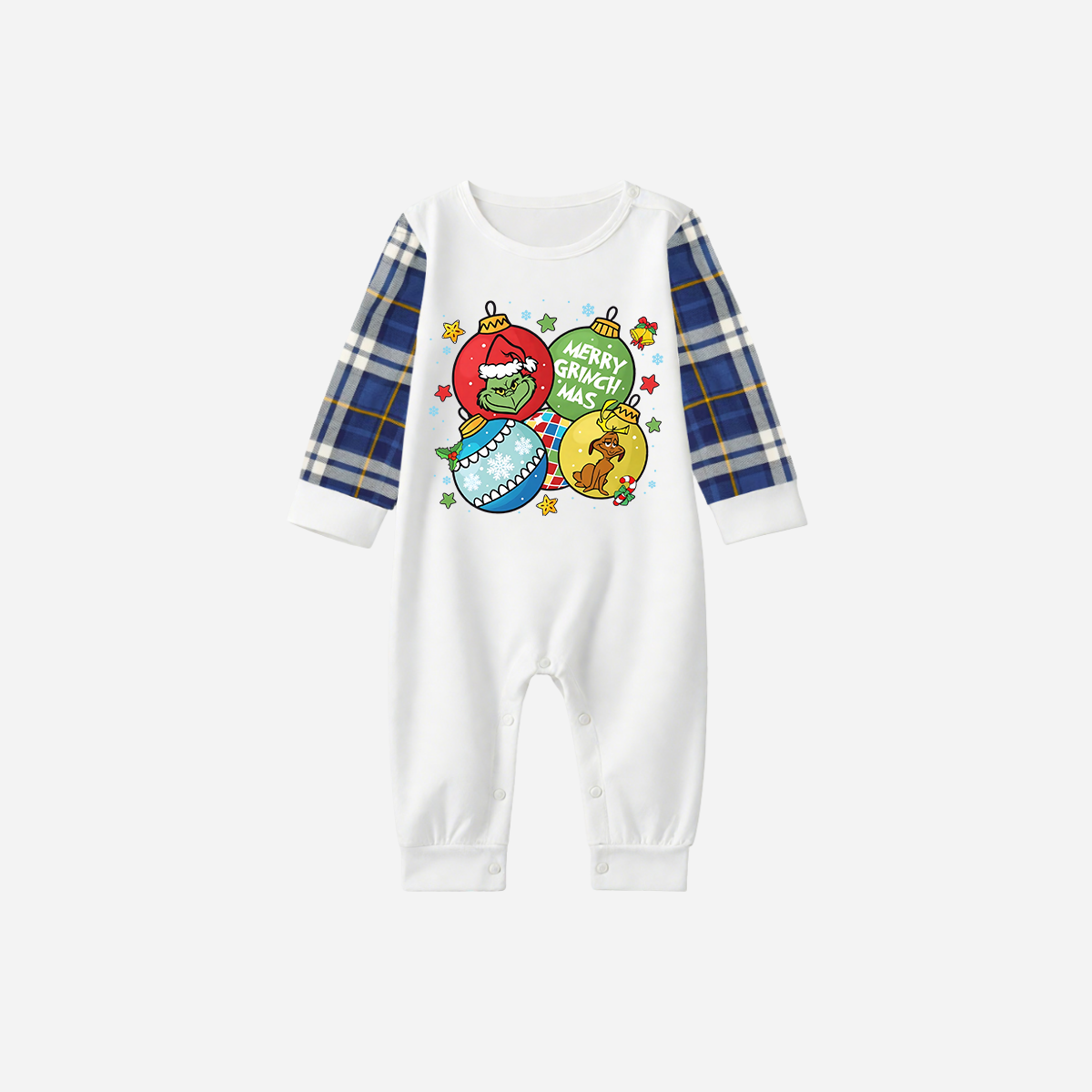 Blue Raglan Top Blue Plaid Christmas Pajamas Set With Ball Ornaments and Grinch Print