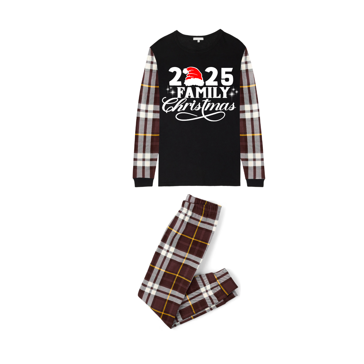 Christmas 2025 Plaid Family Matching Family Pajamas Set - Black Top, Brown Pants, Plaid Pattern