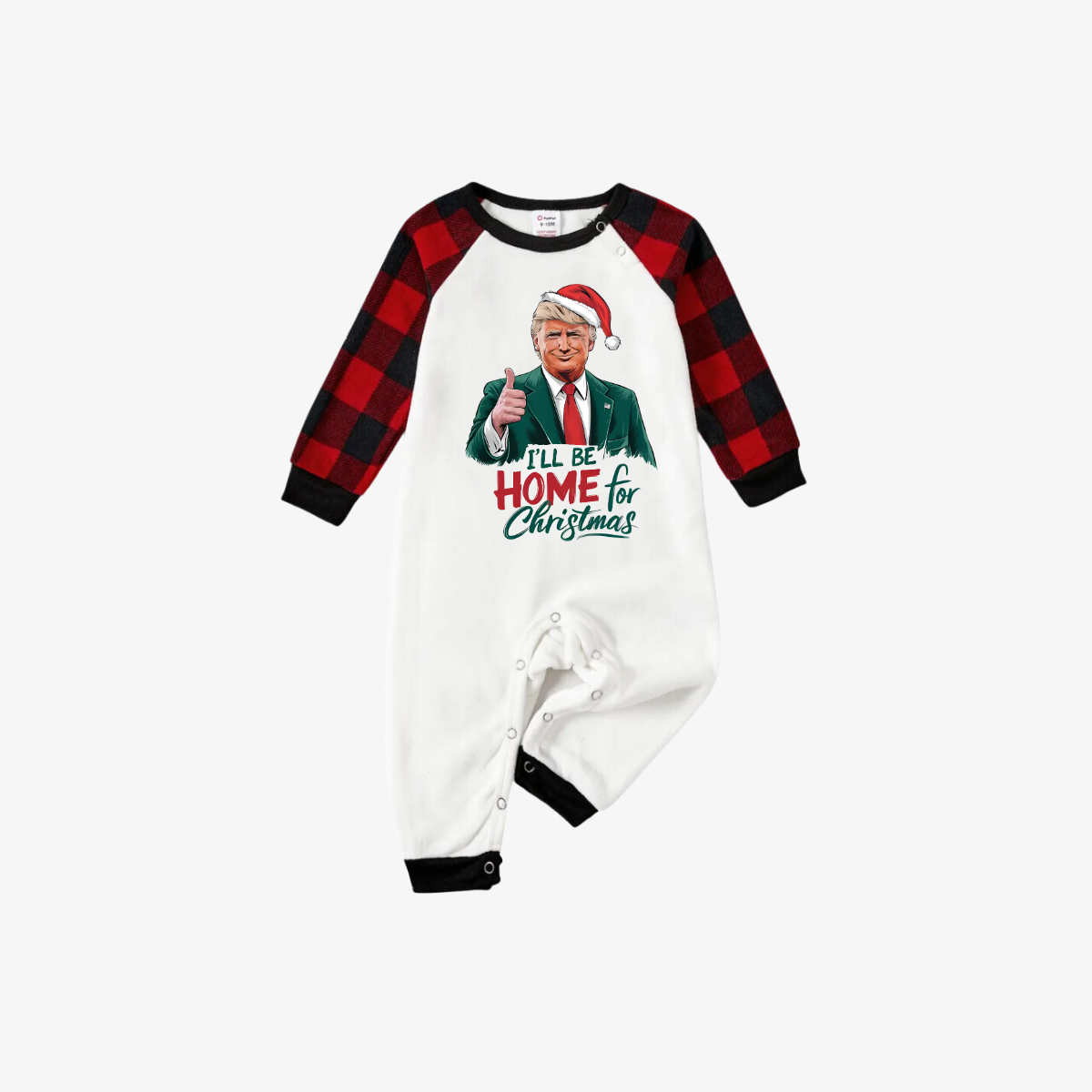 "I will be home for Christmas"Trump With Santa Hat Pattern White Long Sleeve Top and Red & Black Plaid Pants Family Matching Pajamas