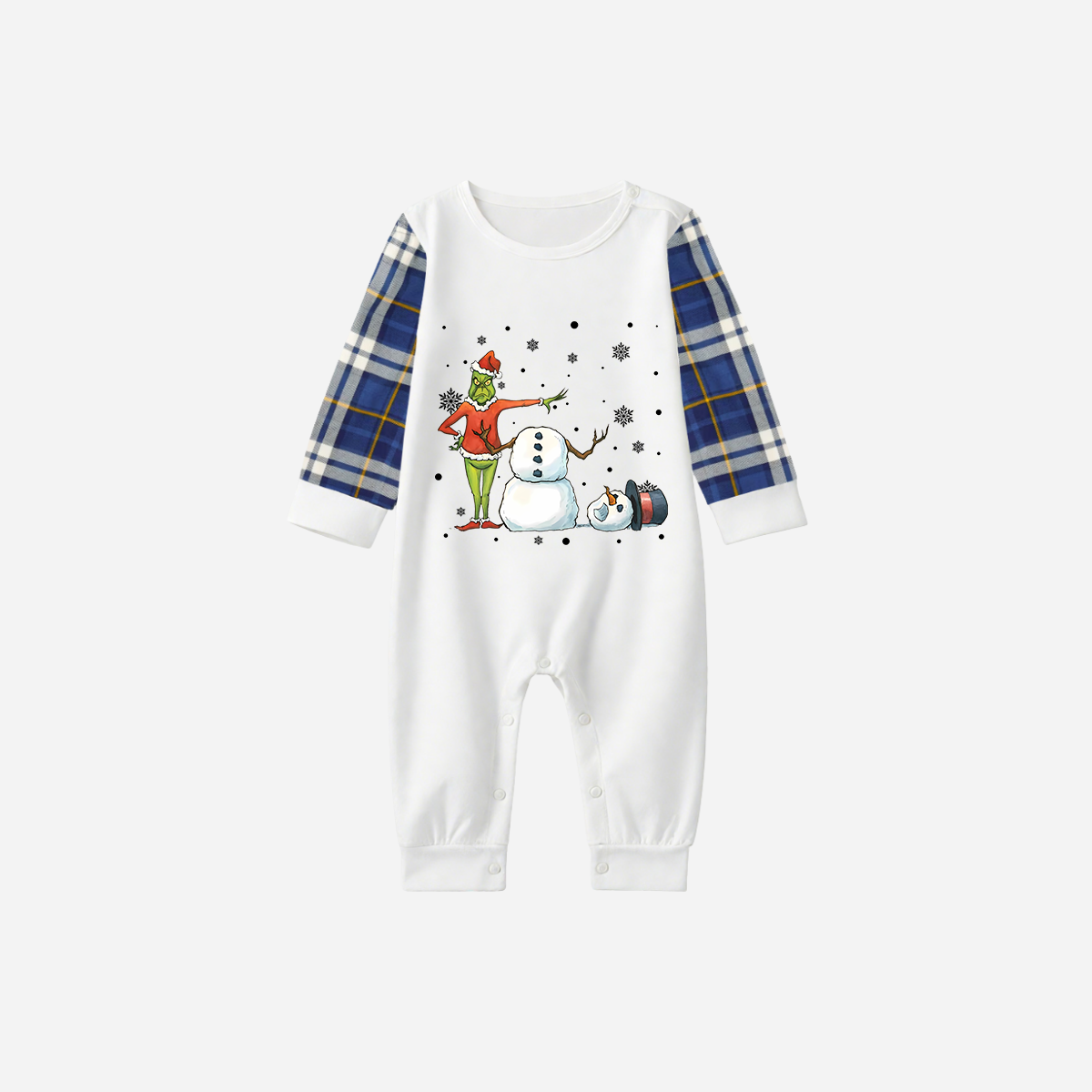 Blue Raglan Top Blue Plaid Christmas Pajamas Set With Snowman and Christmas Grinch Print