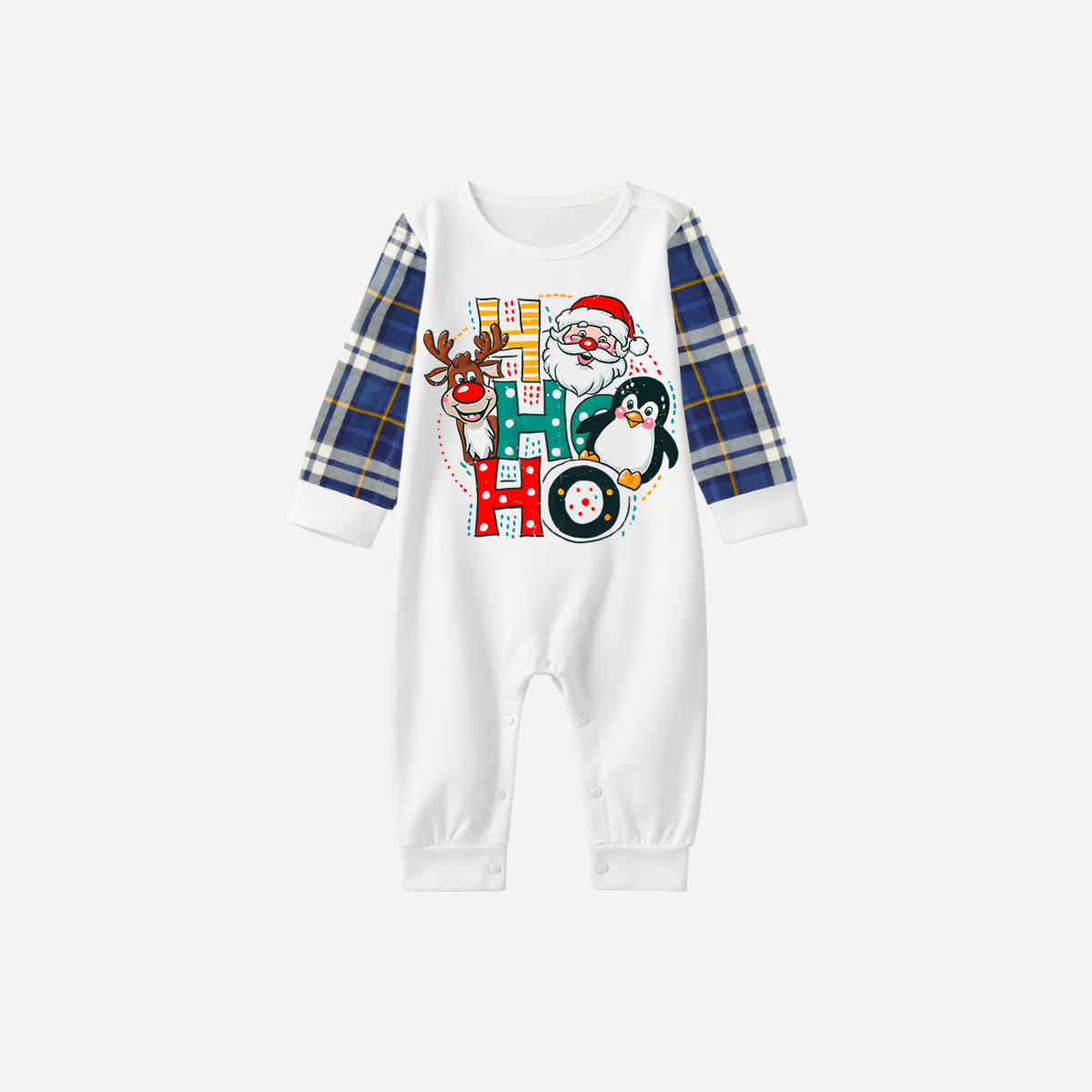 Blue Raglan Top Blue Plaid Christmas Pajamas Set With "HO HO HO" Pattern Print