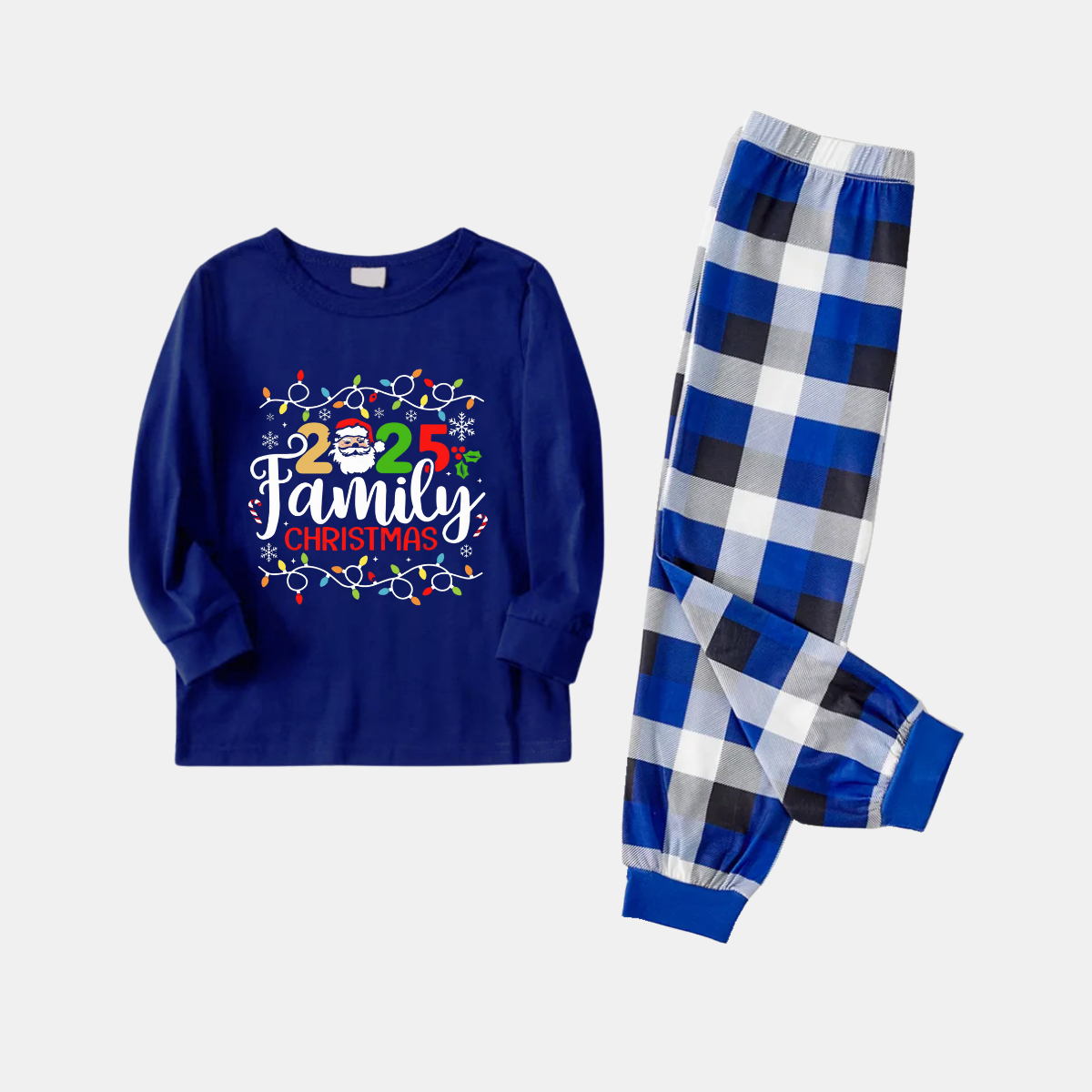 Navy & White Plaid Christmas Pajamas Set With Christmas Light and "2025 Family Christmas" Text Print