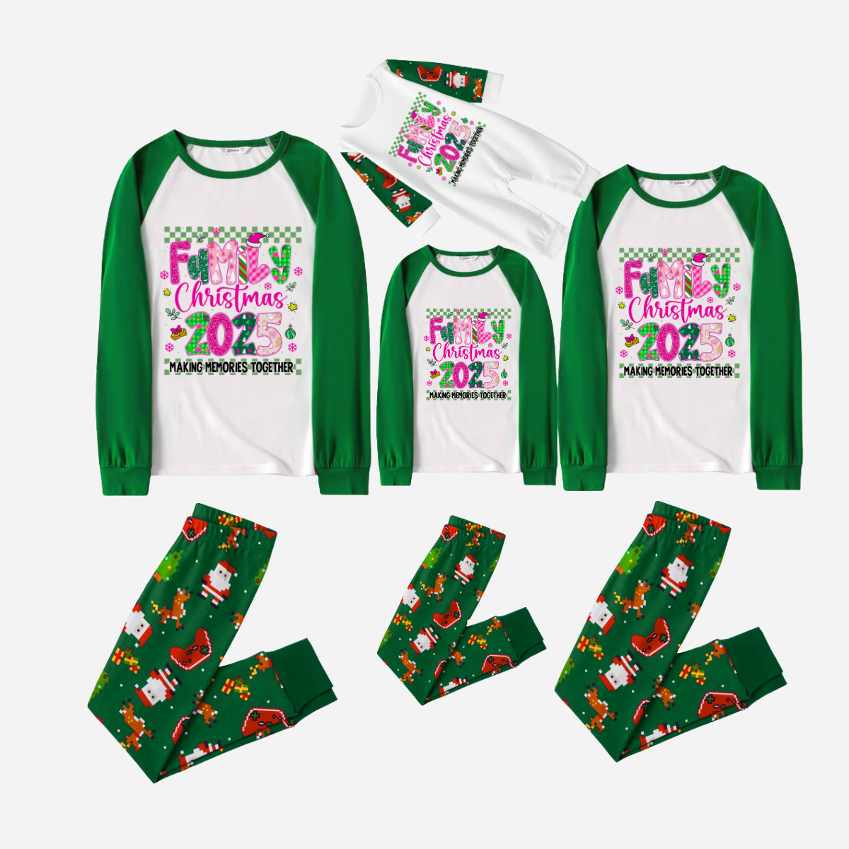 "Family Christmas 2025" Faux Glitter Green Raglan Sleeves and Green Joyful Pants Christmas Pajamas Set