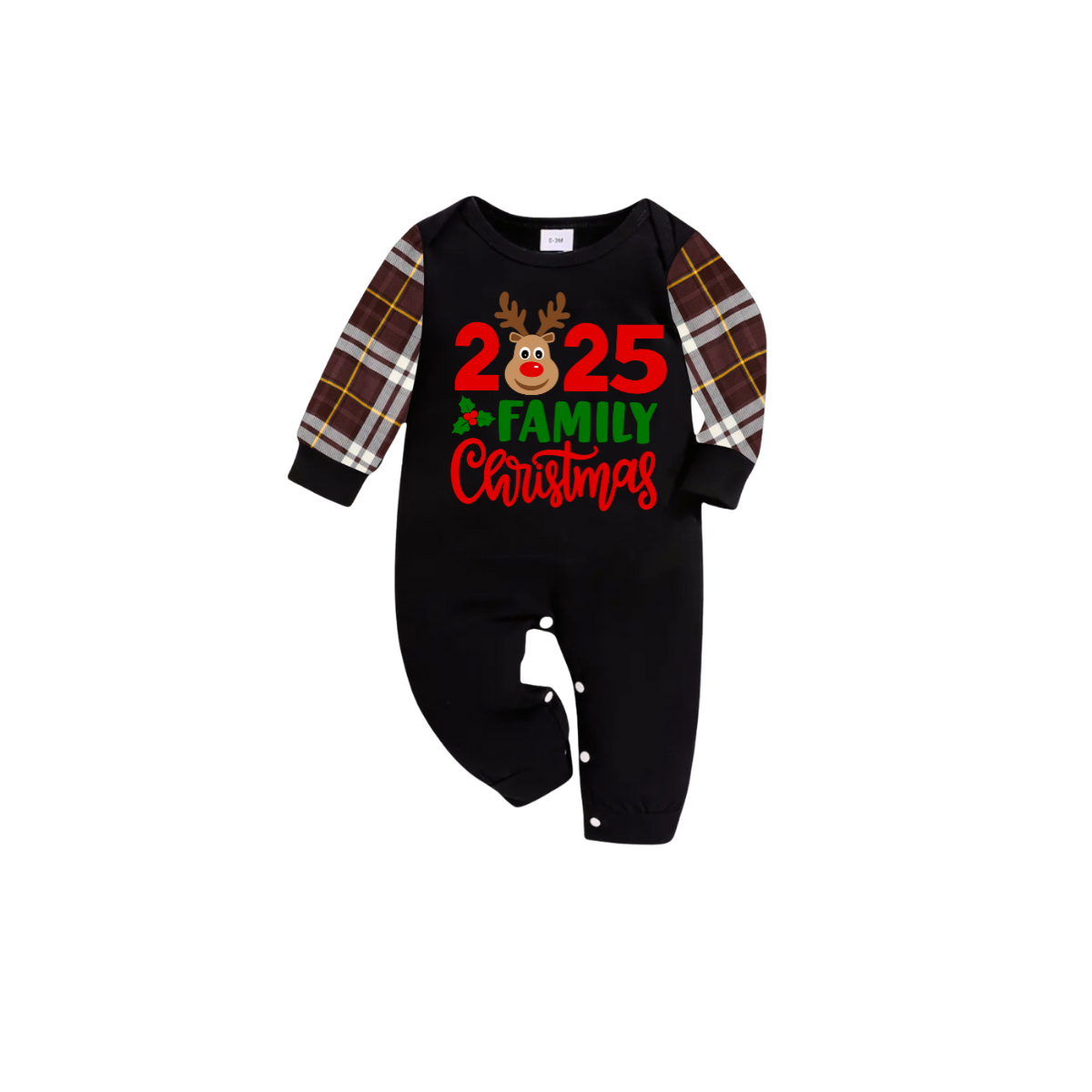 2025 Reindeer Family Christmas Family Pajamas Set - Black Top / Brown Plaid Pants / Brown Plaid Sleeves