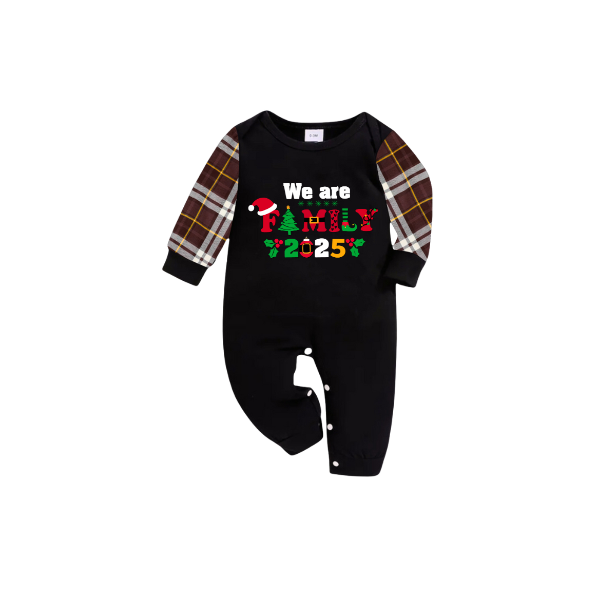 We Are Family Christmas 2025 Family Pajamas Set - Black Top, Brown Pants, Brown Plaid Sleeves