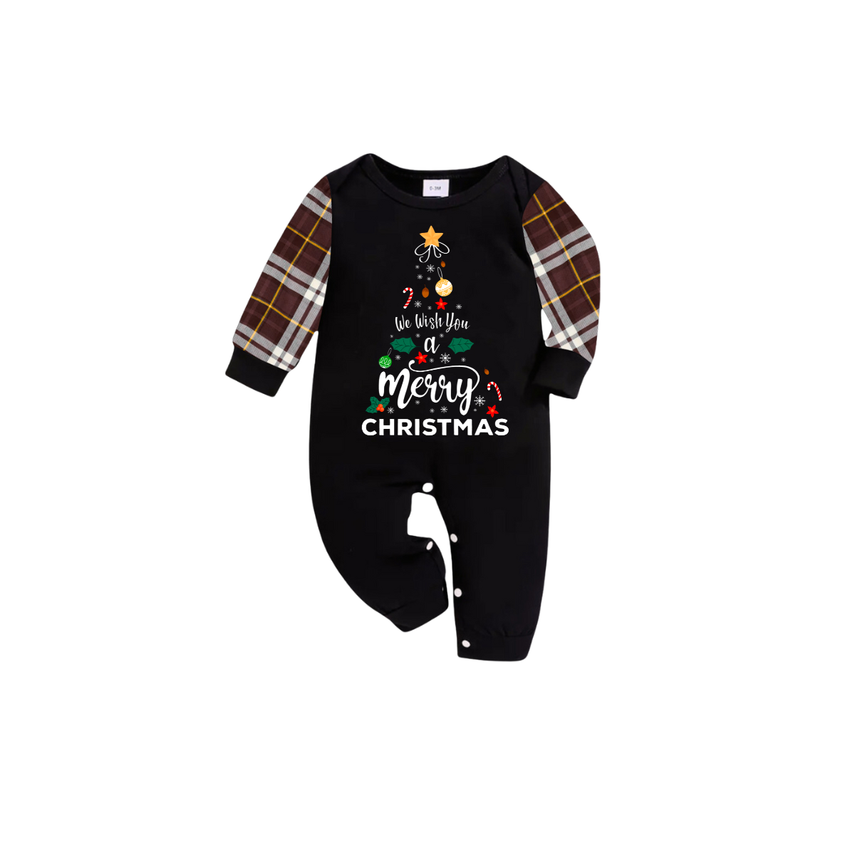 We Wish You a Merry Christmas Family Pajamas Set - Black Top / Brown Plaid Pants / Brown Plaid Sleeves