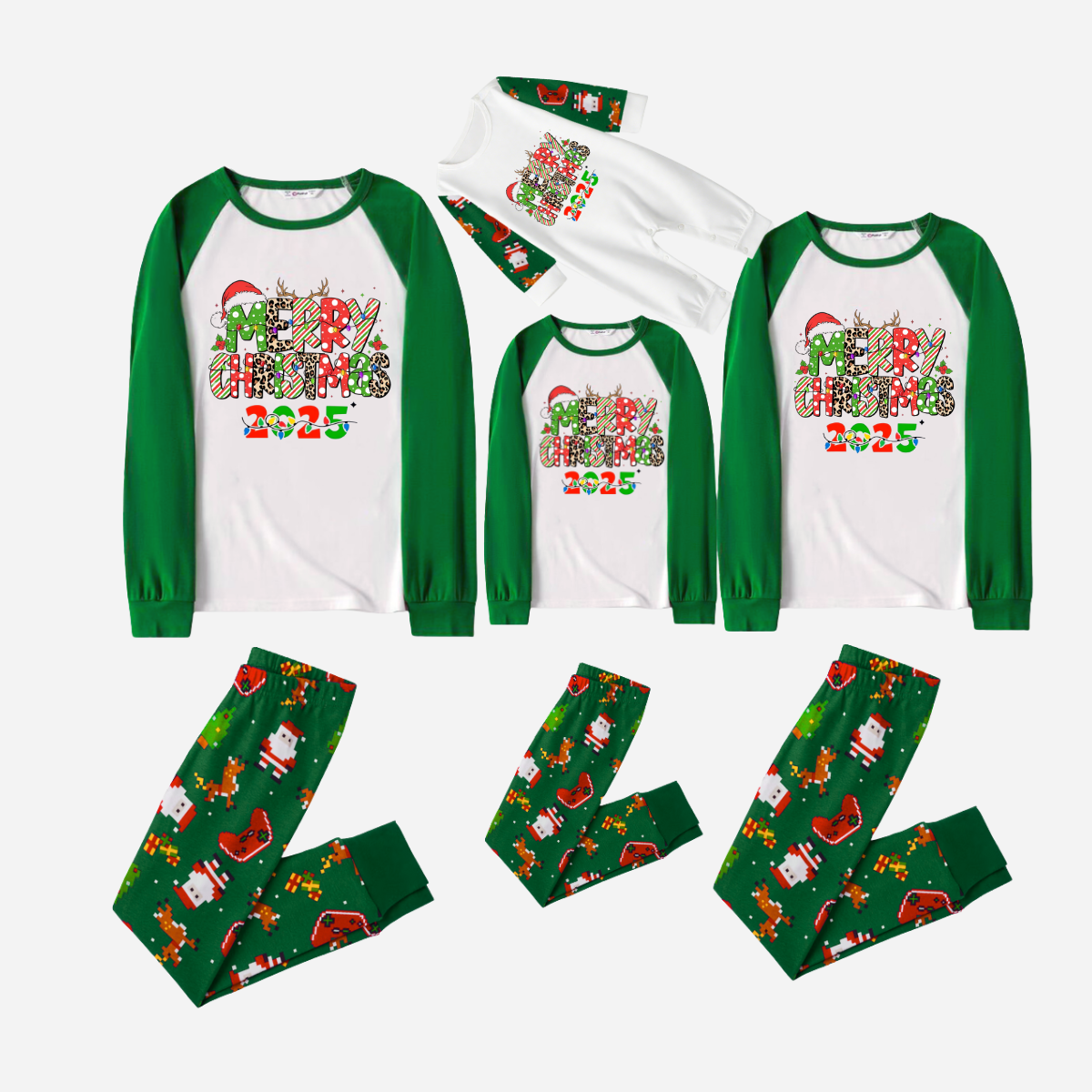 Merry Christmas 2025 Family Christmas Pajamas Set - White Top with Green Sleeves and Christmas Printed Pants