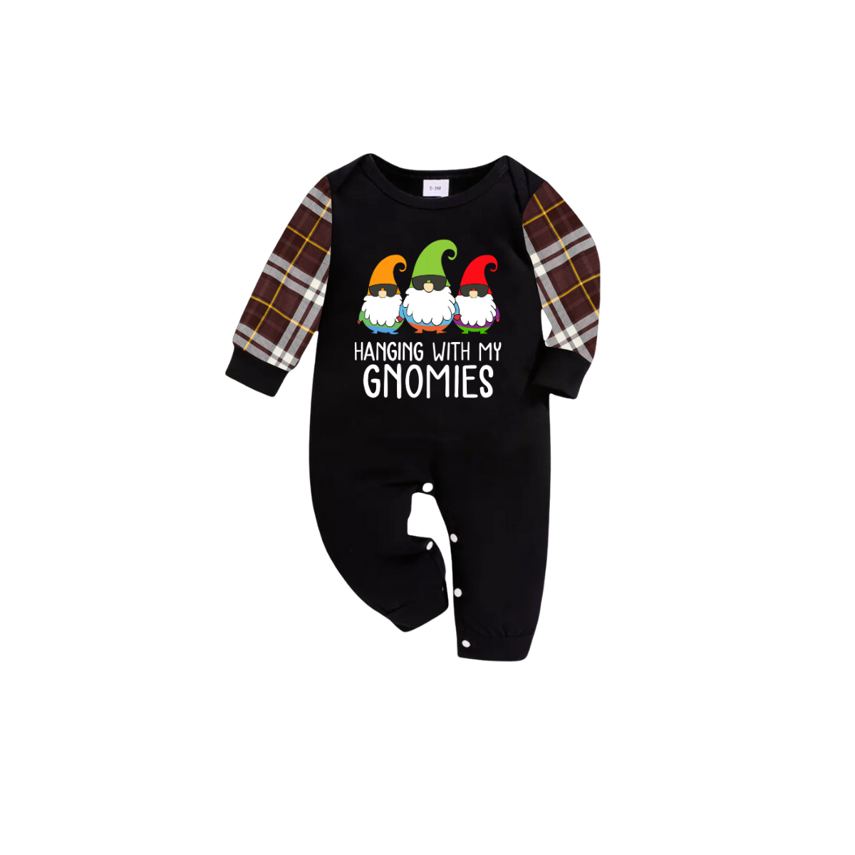 Hanging With My Gnomies Christmas 2025 Family Pajamas Set - Black Top, Brown Pants, Brown Plaid Sleeves