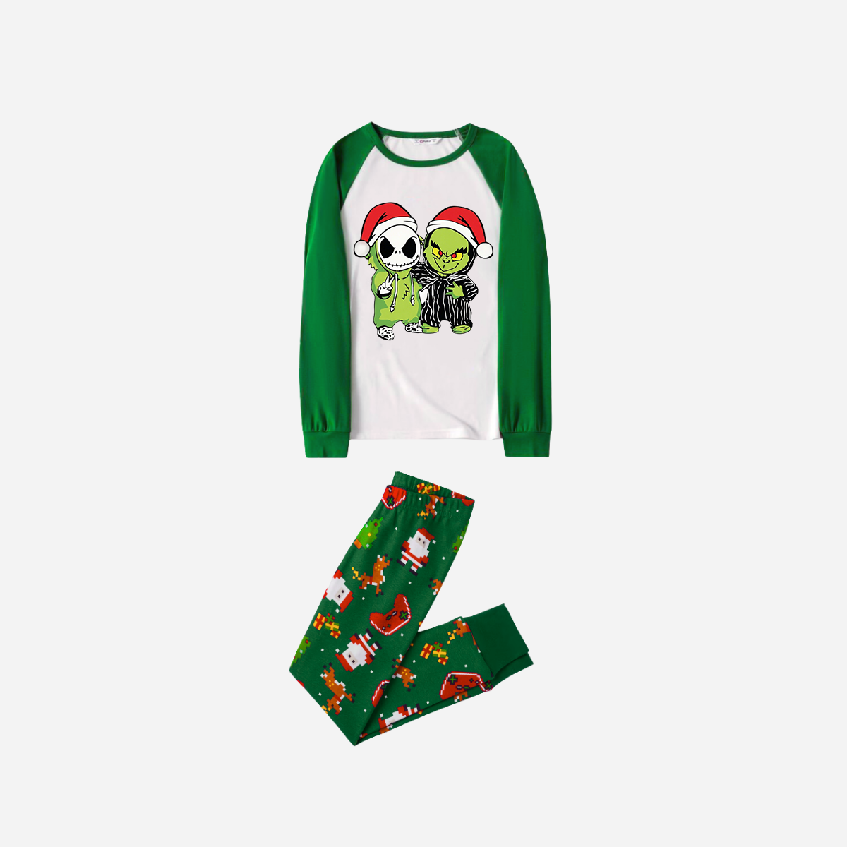 Joyful Green Raglan Top Christmas Pajamas Set With Grinch and Cartoon Pattern Print