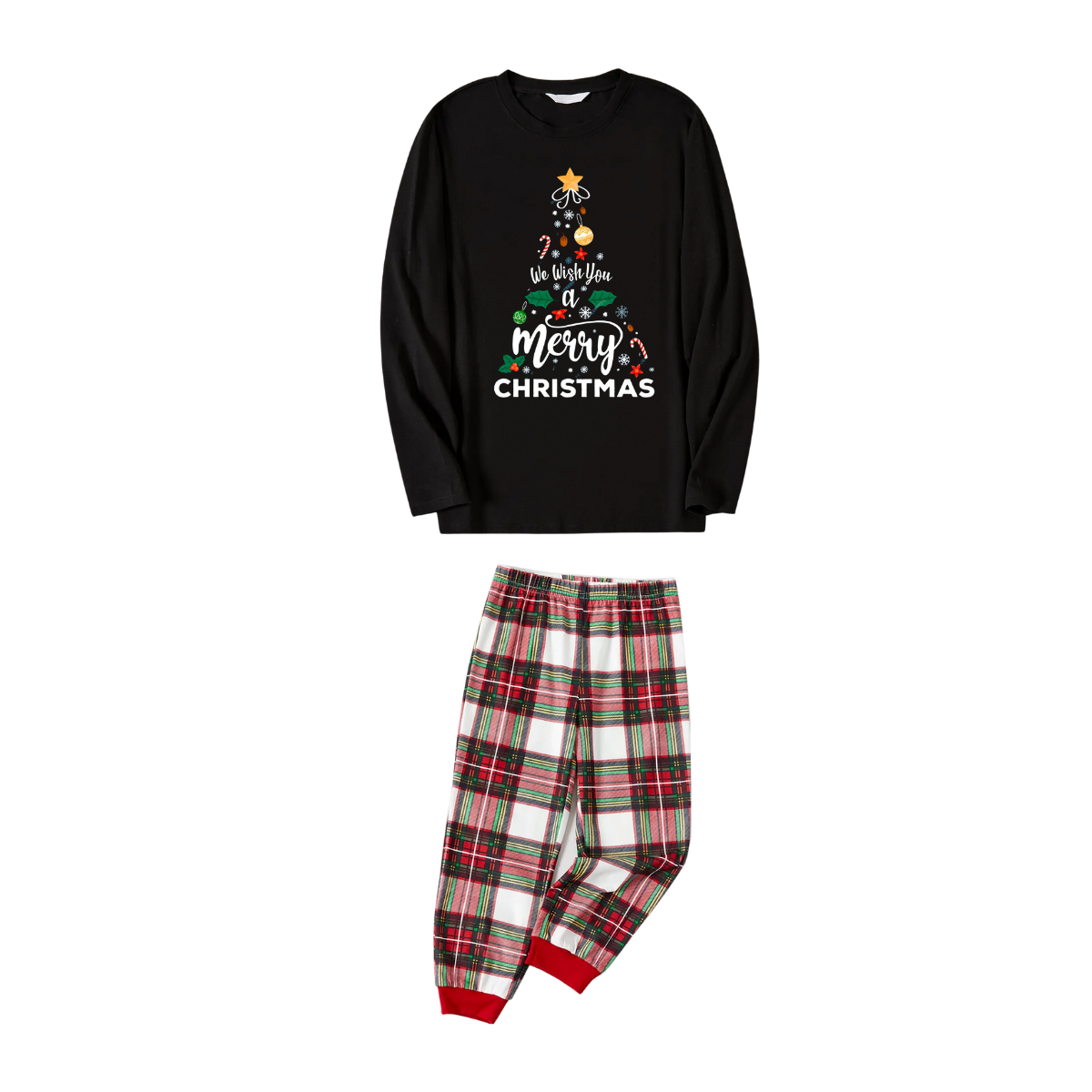 "We Wish You a Merry Christmas" Printed Pattern Black Long Sleeve Top with Red & Green & White Plaid Family Matching Pajamas