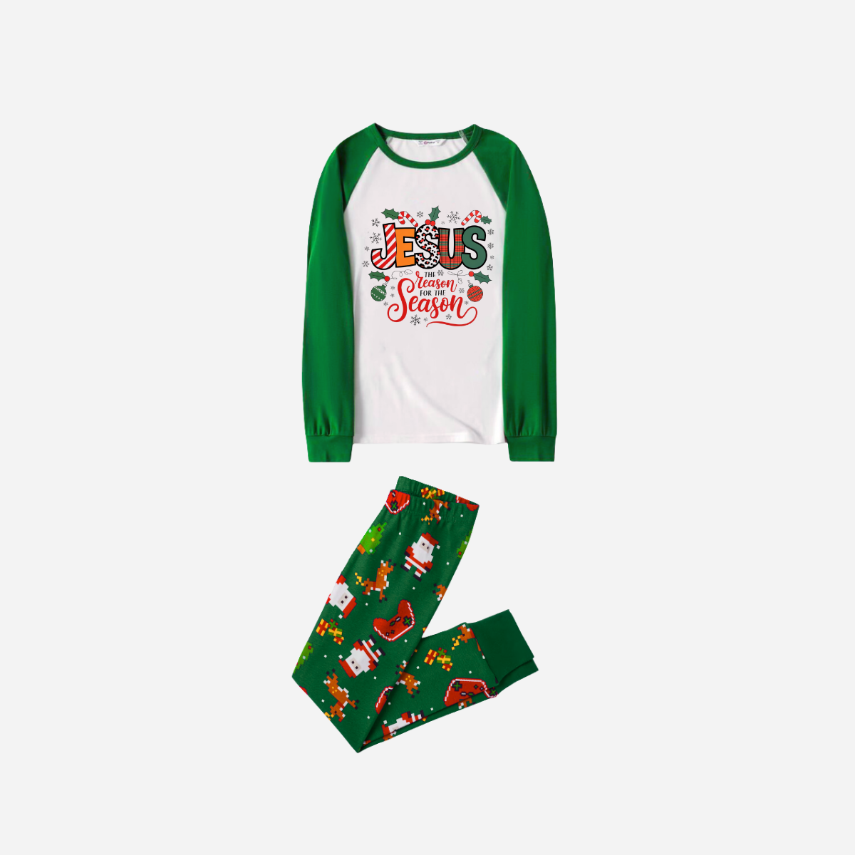 "Jesus is the REASON for the Season" Matching Christmas Pajamas Set - Green Raglan Sleeves Santa Print Pants Pajamas