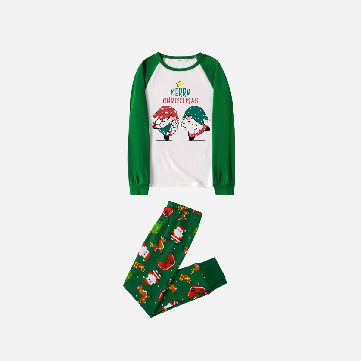 Joyful Green Raglan Top Christmas Pajamas Set With Gnome and Merry Christmas Text Print