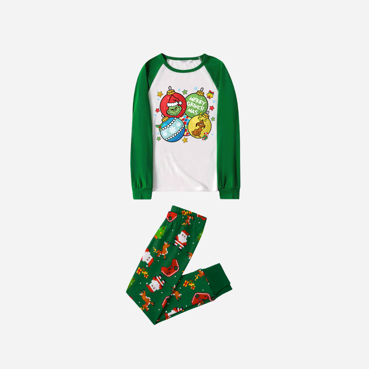 Joyful Green Raglan Top Christmas Pajamas Set With Ball Ornaments and Grinch Print