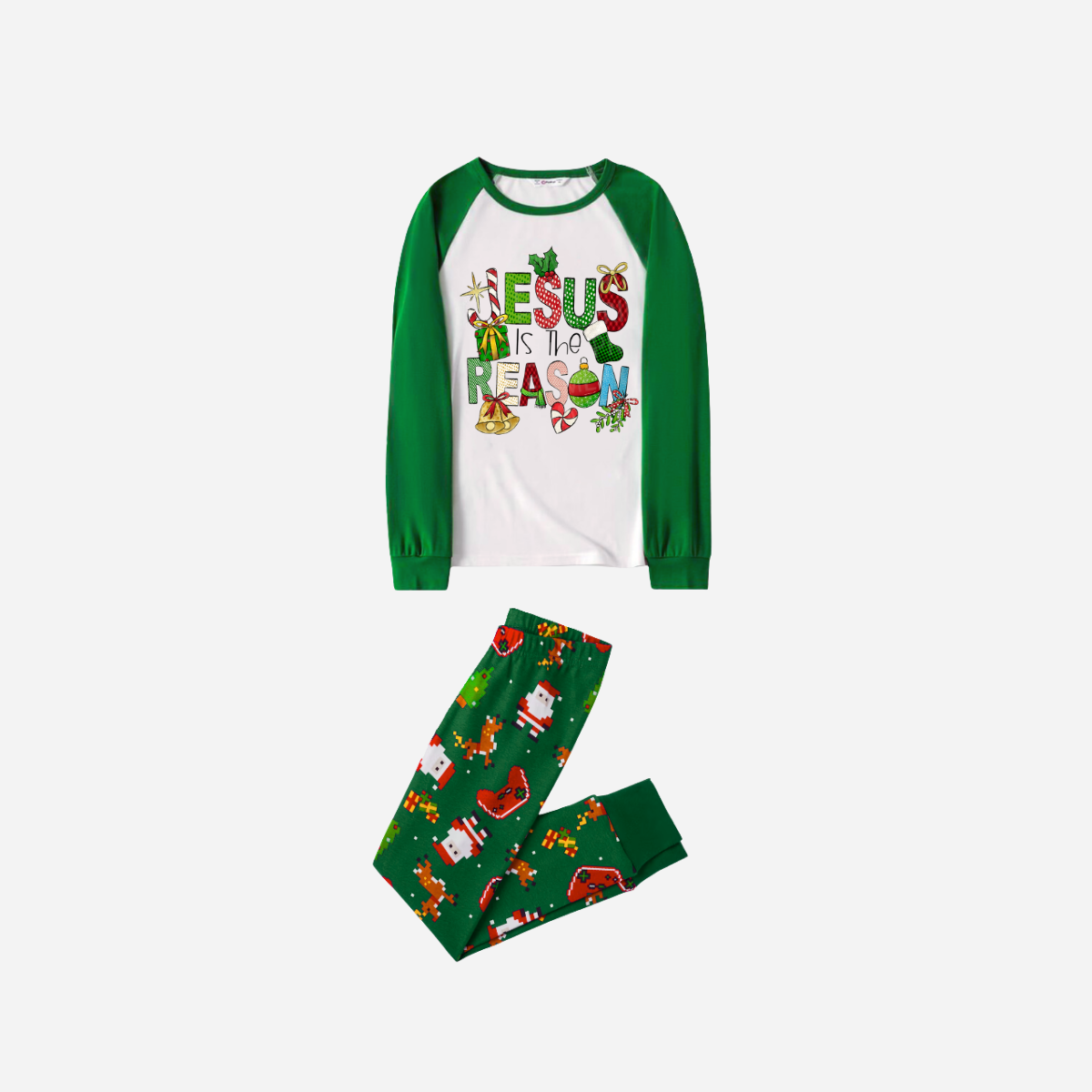 Christmas Cartoon Family Christmas Pajamas Set - White Top with Green Sleeves and Green Santa Print Pants and “Jesus is the Reason” Design